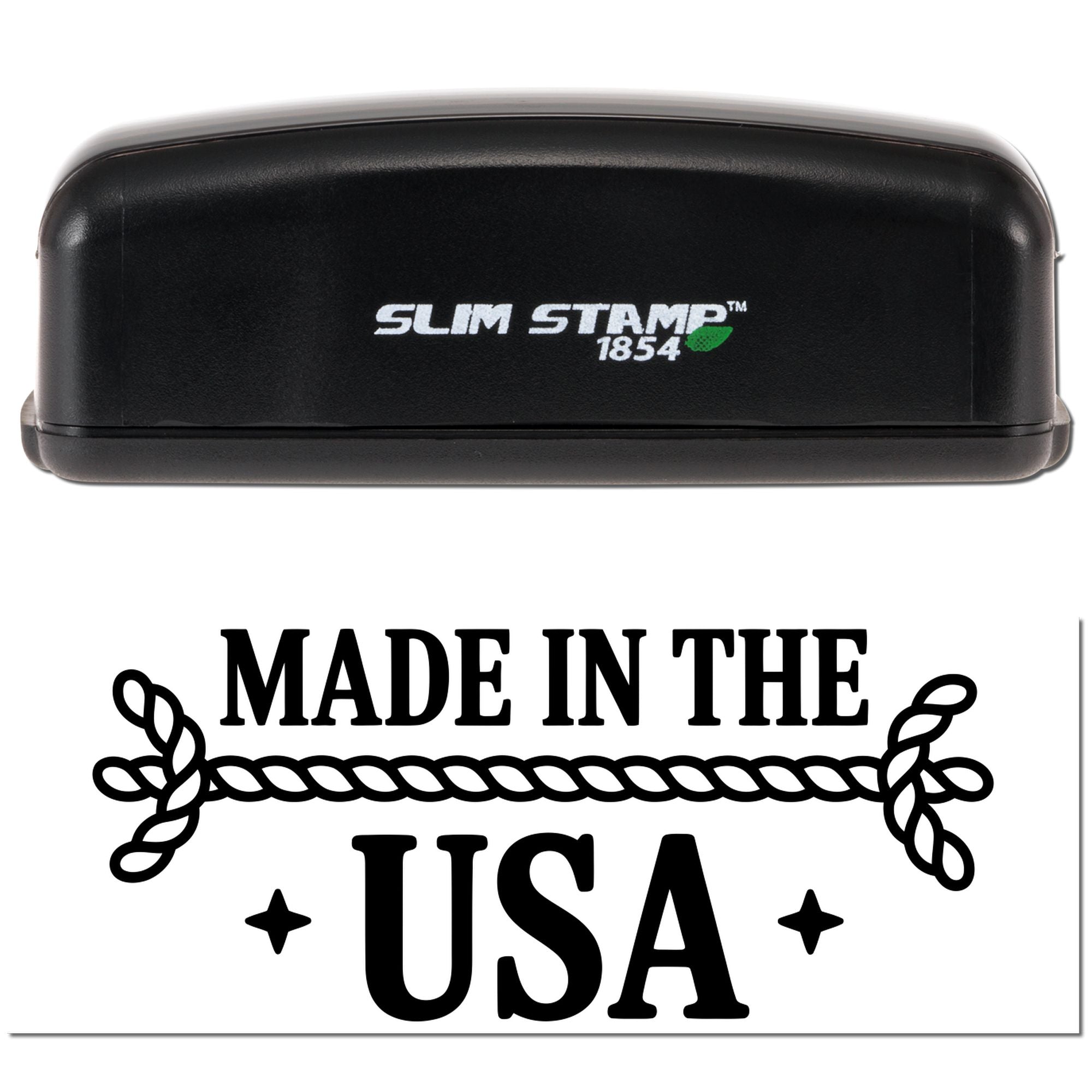 Black Slim Stamp 1854 stamp with green logo above a bold black Made in the USA seal on a white background.