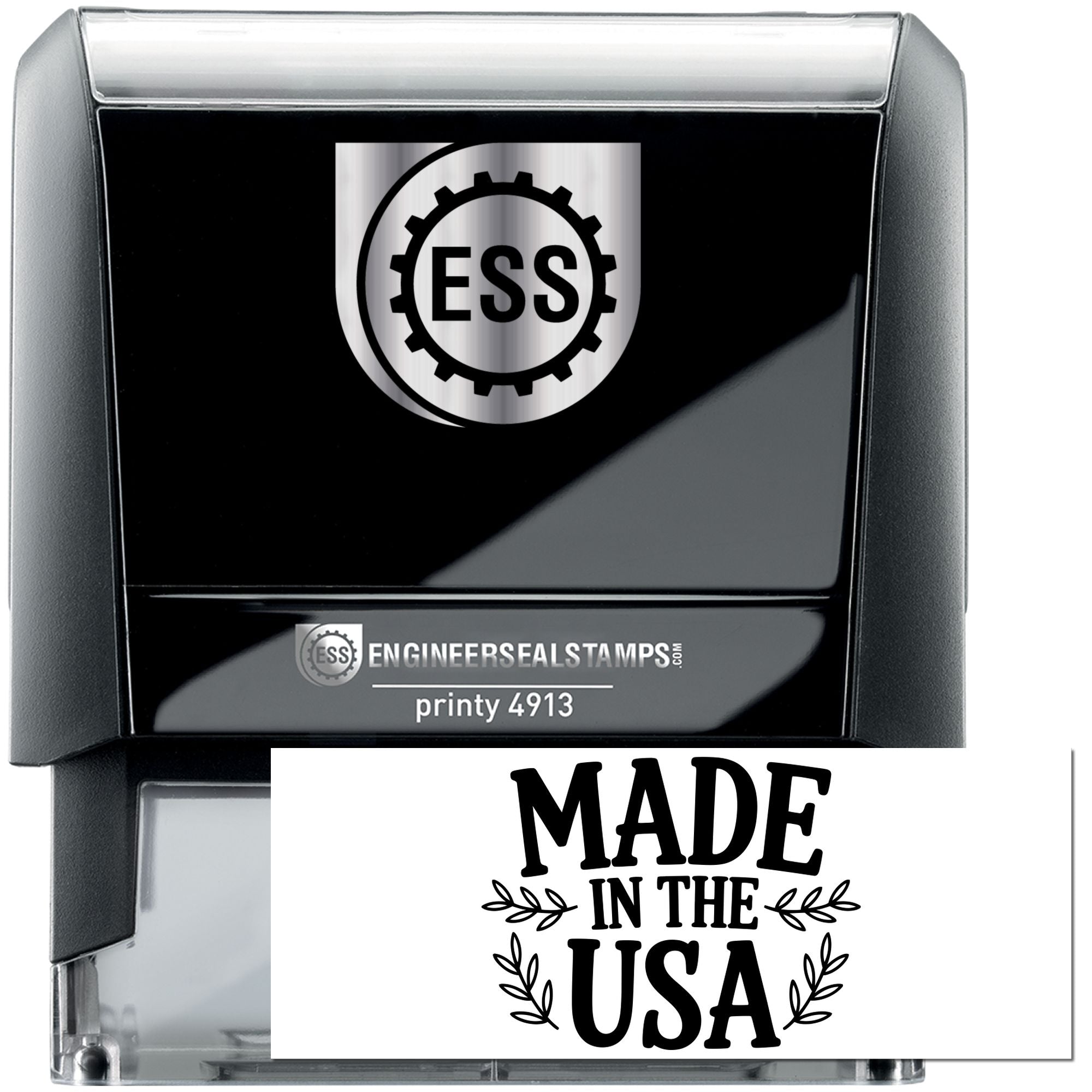 Black and gray ESS engineer seal self-inking stamp with silver seal logo and Made in the USA label