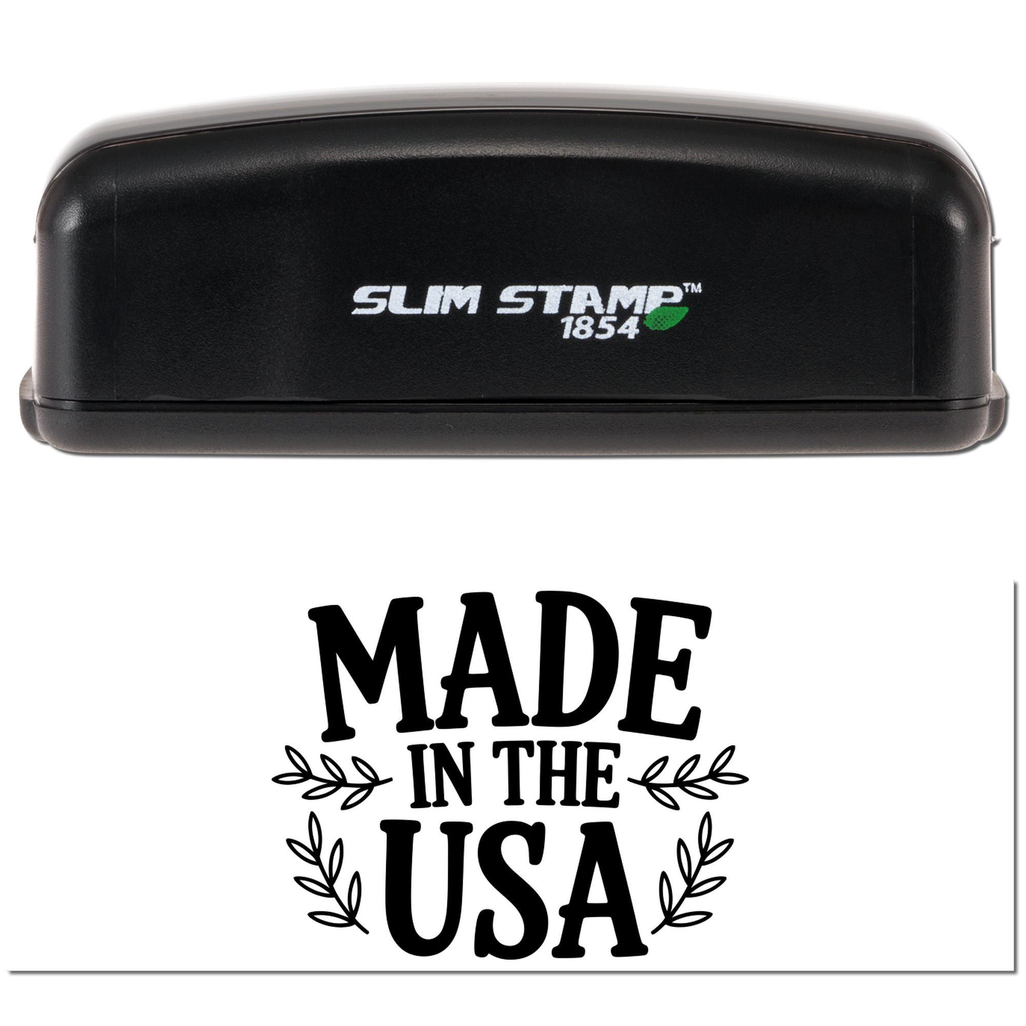 Black Slim Stamp 1854 self-inking stamp and seal, black casing with white logo and Made in the USA imprint on white background.
