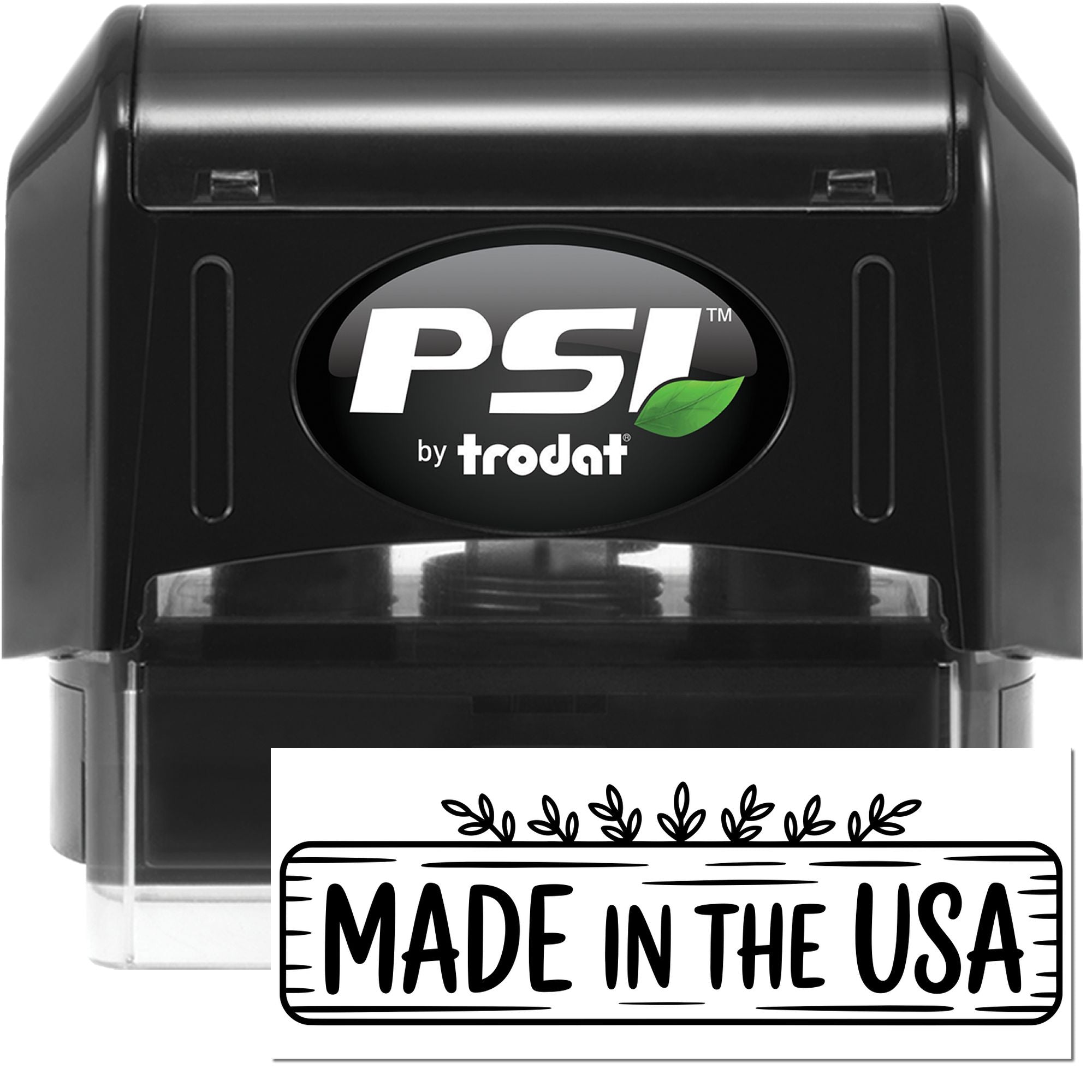 Black PSI by Trodat self-inking stamp and seal with green leaf logo, clear base, and Made in the USA marking.