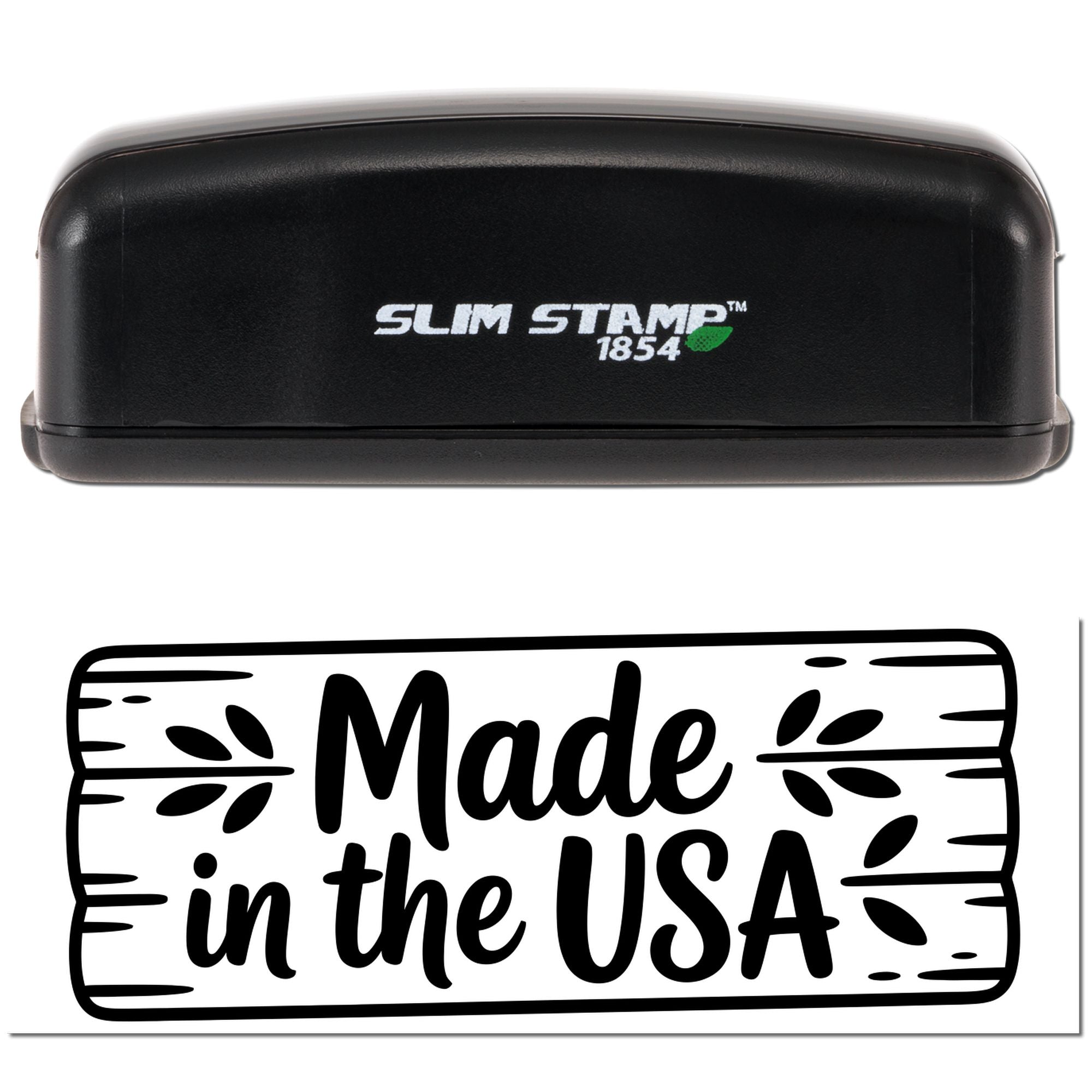 Black Slim Stamp 1854 self-inking stamp and rectangular seal reading Made in the USA in bold black with leaf accents