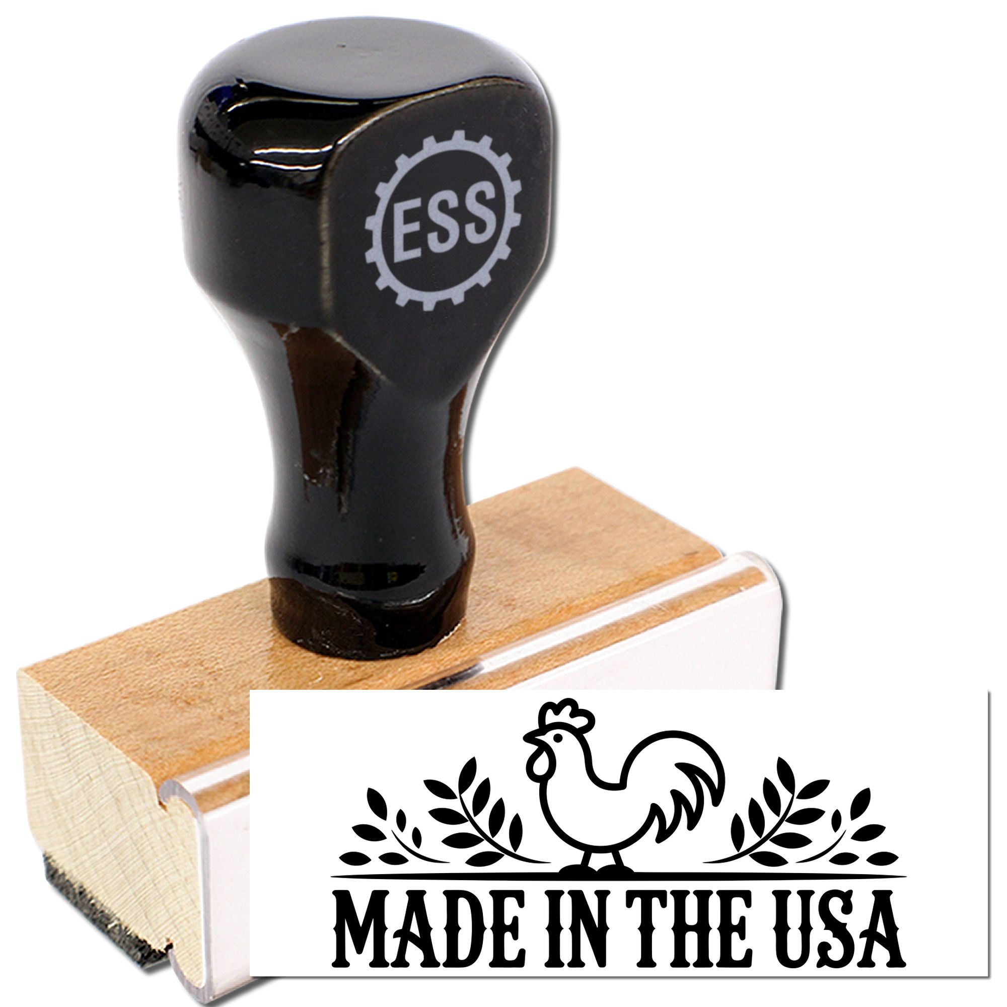 Black custom stamp and seal with wooden base, ESS logo handle, and Made in the USA rooster design in black on white.