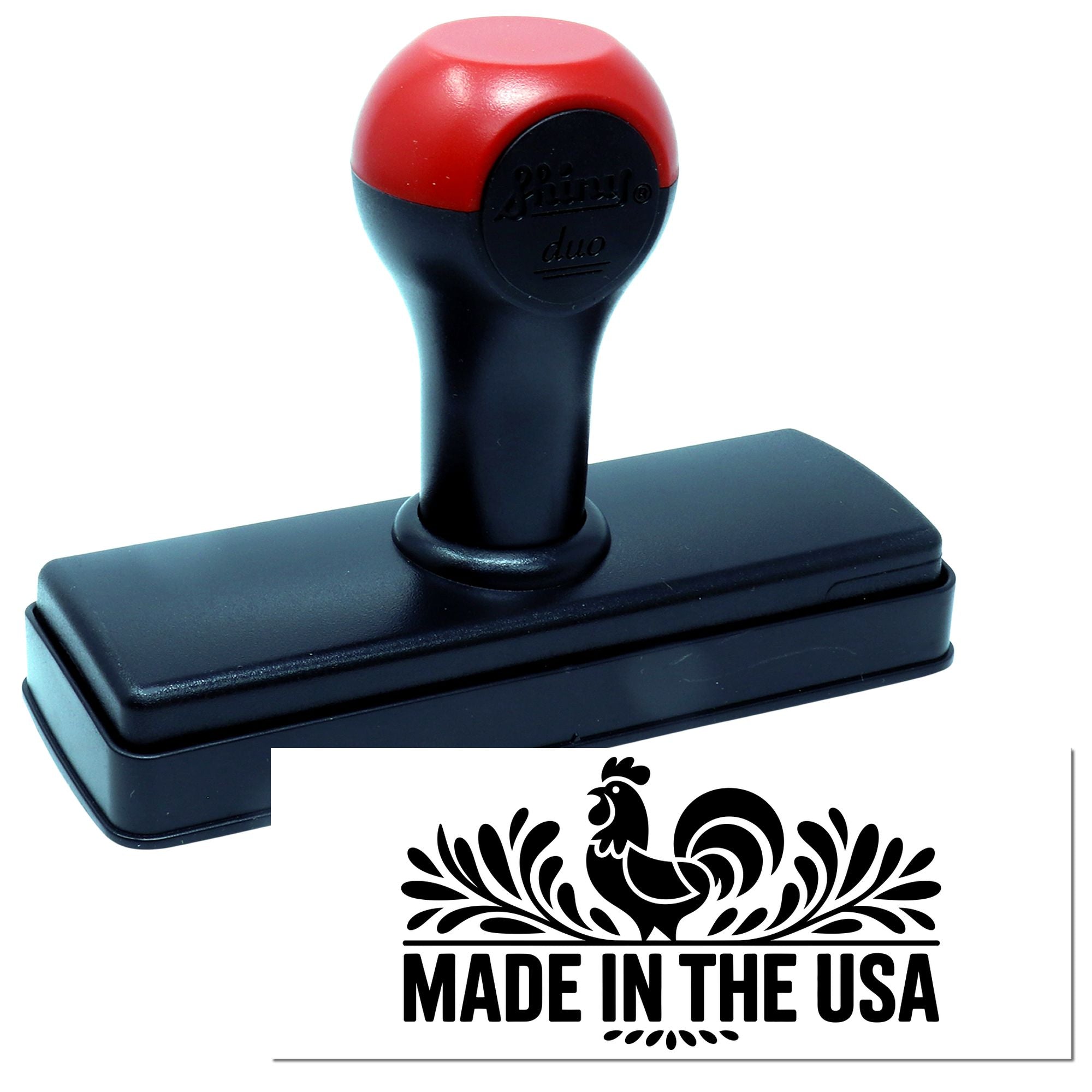 Red and black self-inking rubber stamp with a Made in the USA seal design