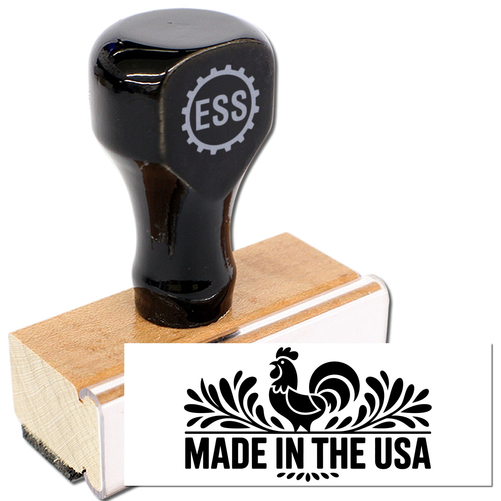 Black ESS rubber stamp with wooden handle and Made in the USA seal design on white background.