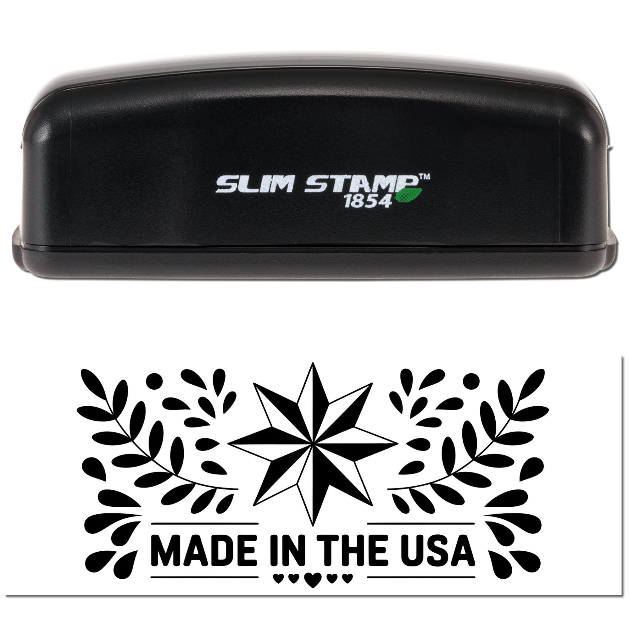 Black Slim Stamp 1854 self-inking stamp with white Made in the USA seal design and laurel wreath.