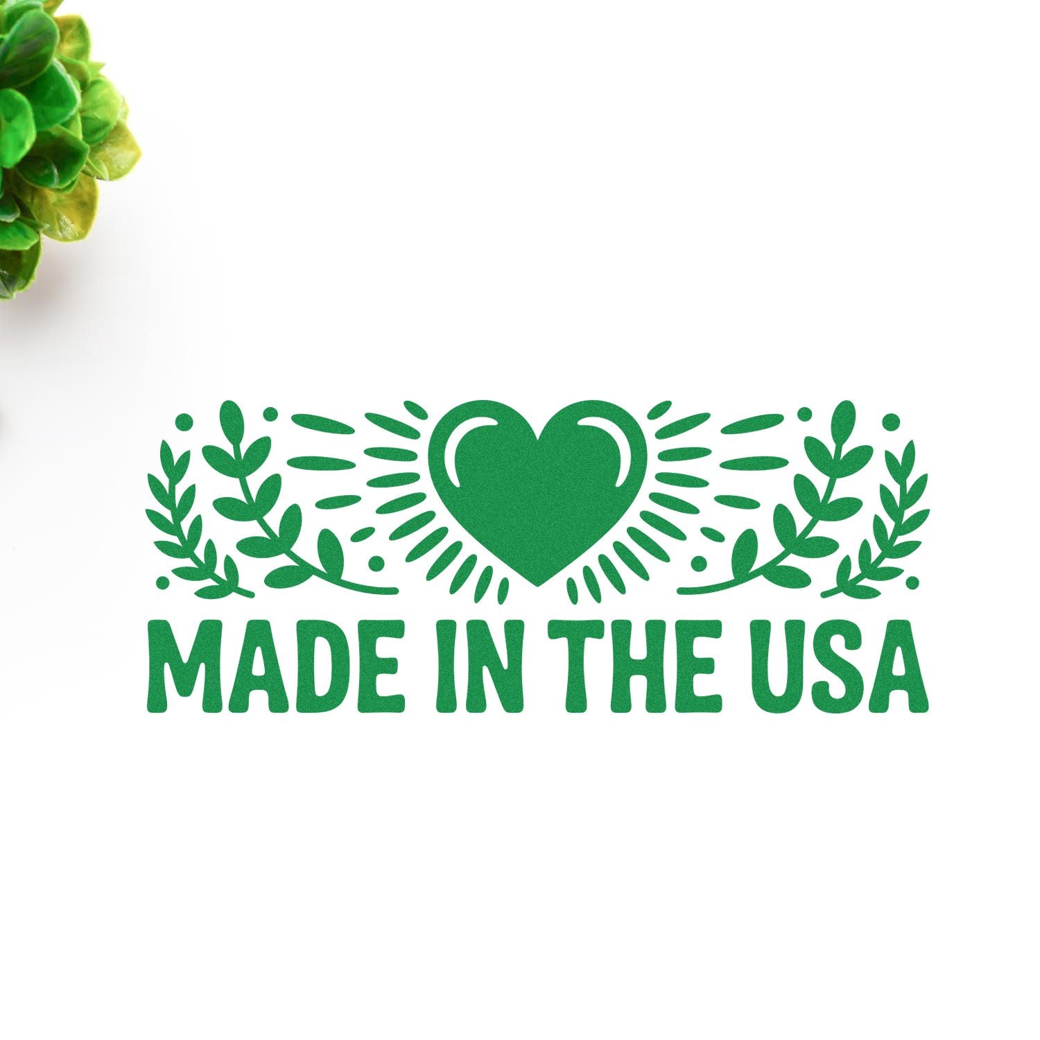 Green Made in the USA stamp seal with heart and laurel design on a white background.
