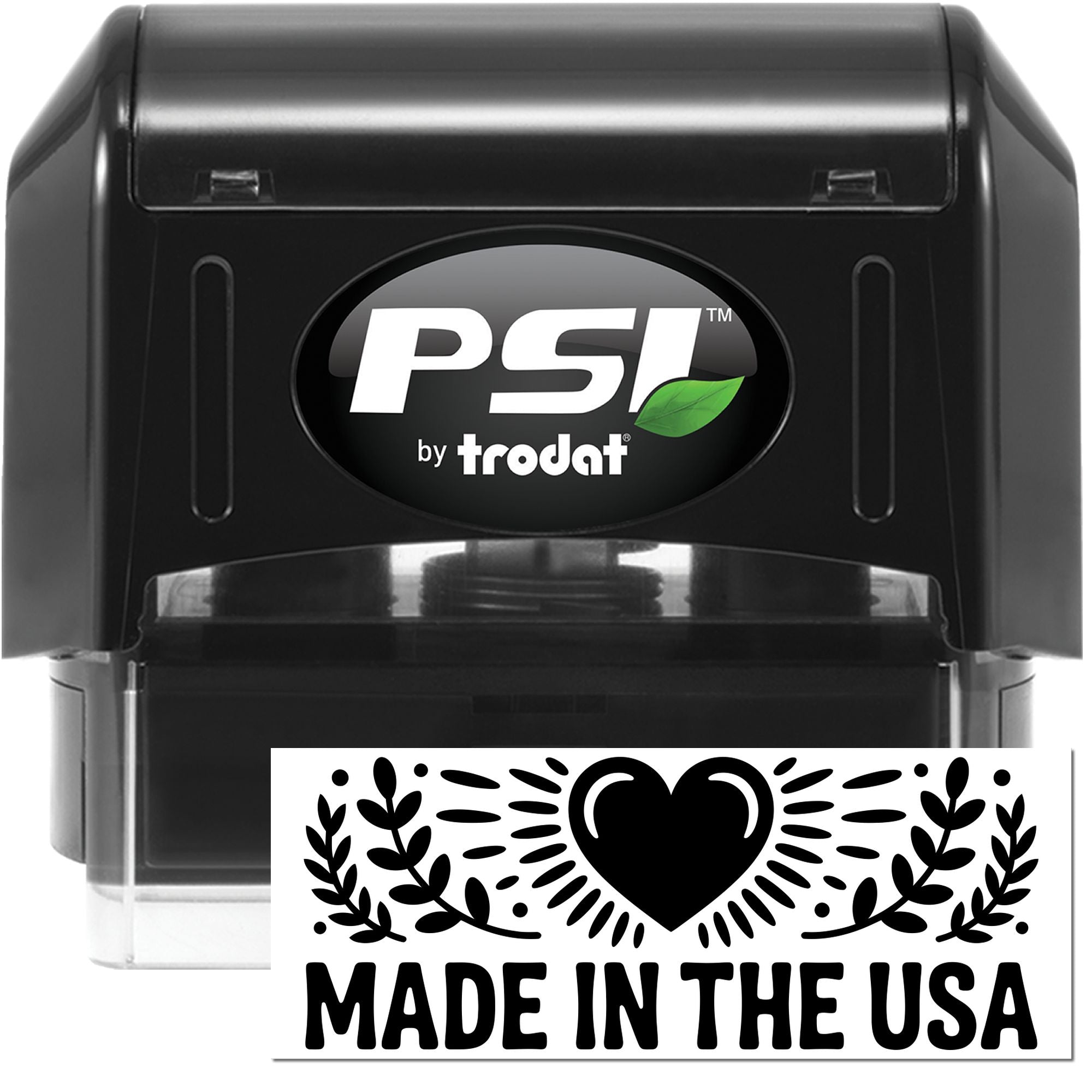 Black PSI by Trodat self-inking stamp with a white Made in the USA seal featuring a heart and laurel design