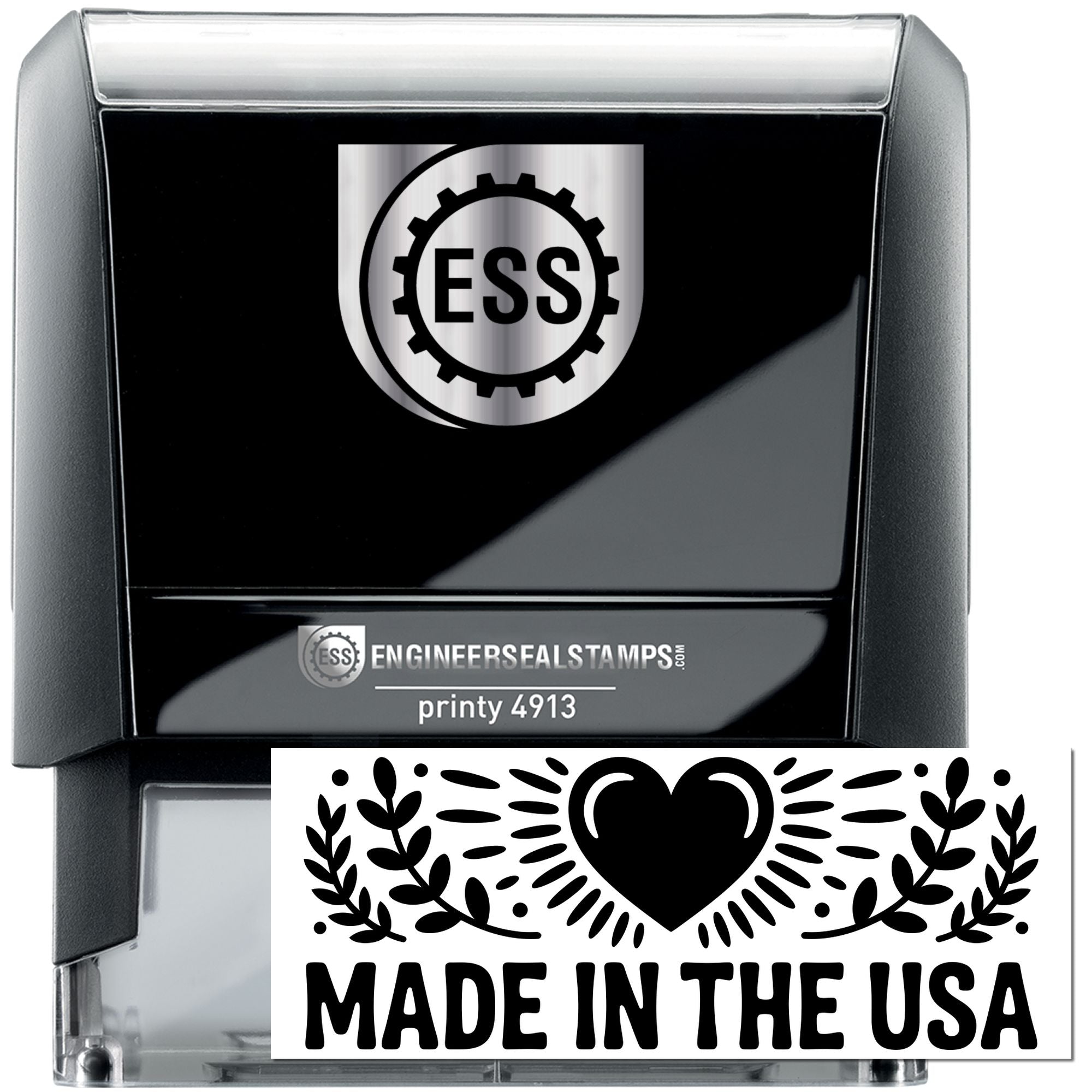 Black self-inking ESS stamp and seal with silver top, gear logo, and Made in the USA design.