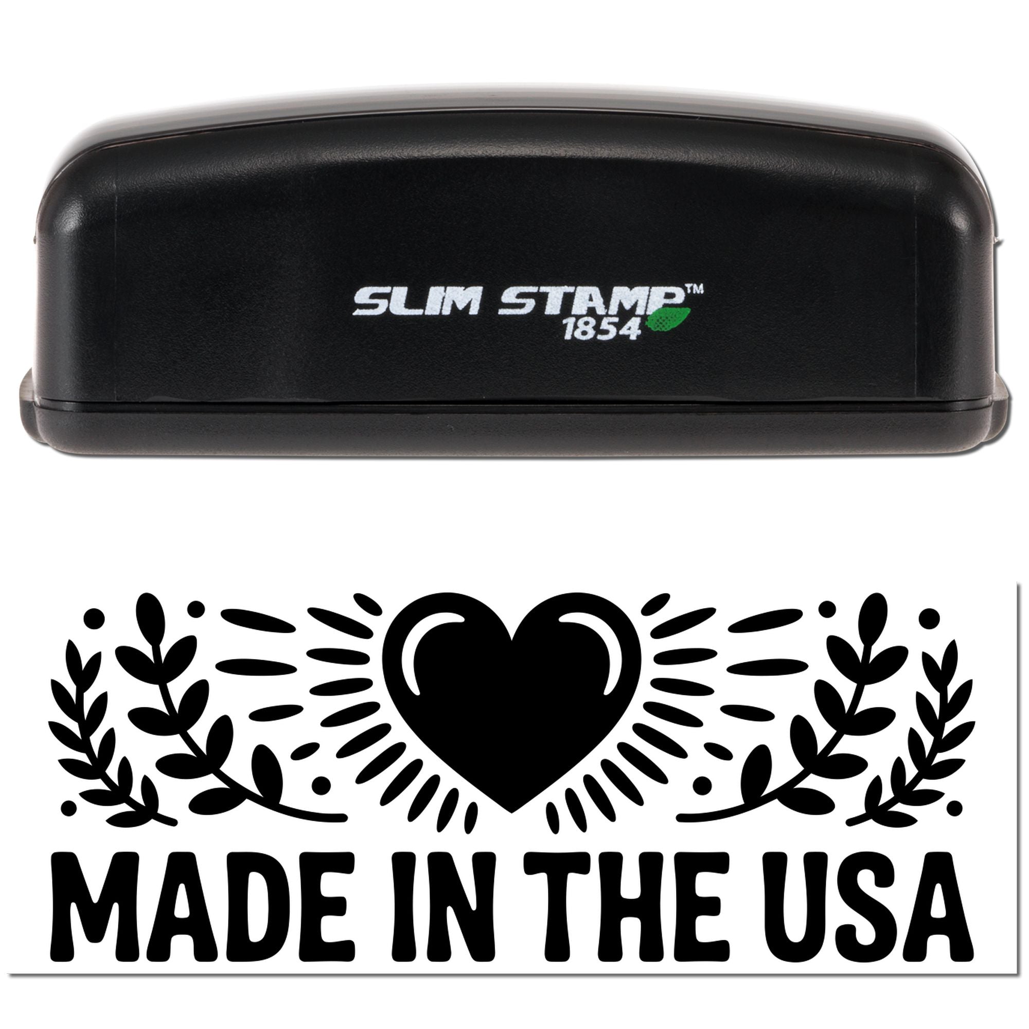 Black Slim Stamp 1854 self-inking stamp and seal with white logo, green accent, and Made in the USA heart design.