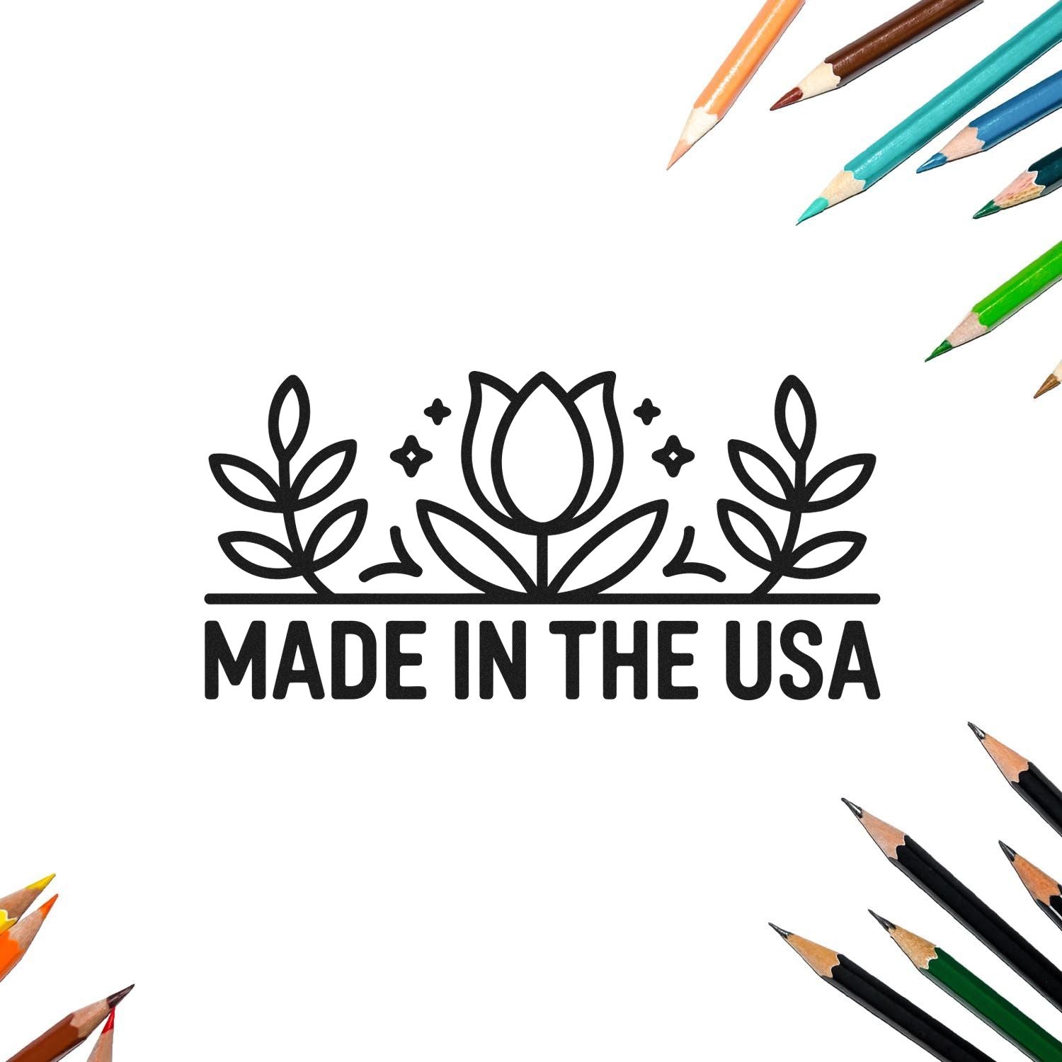 Black floral Made in the USA stamp seal with tulip design, surrounded by colorful pencils on a white background.
