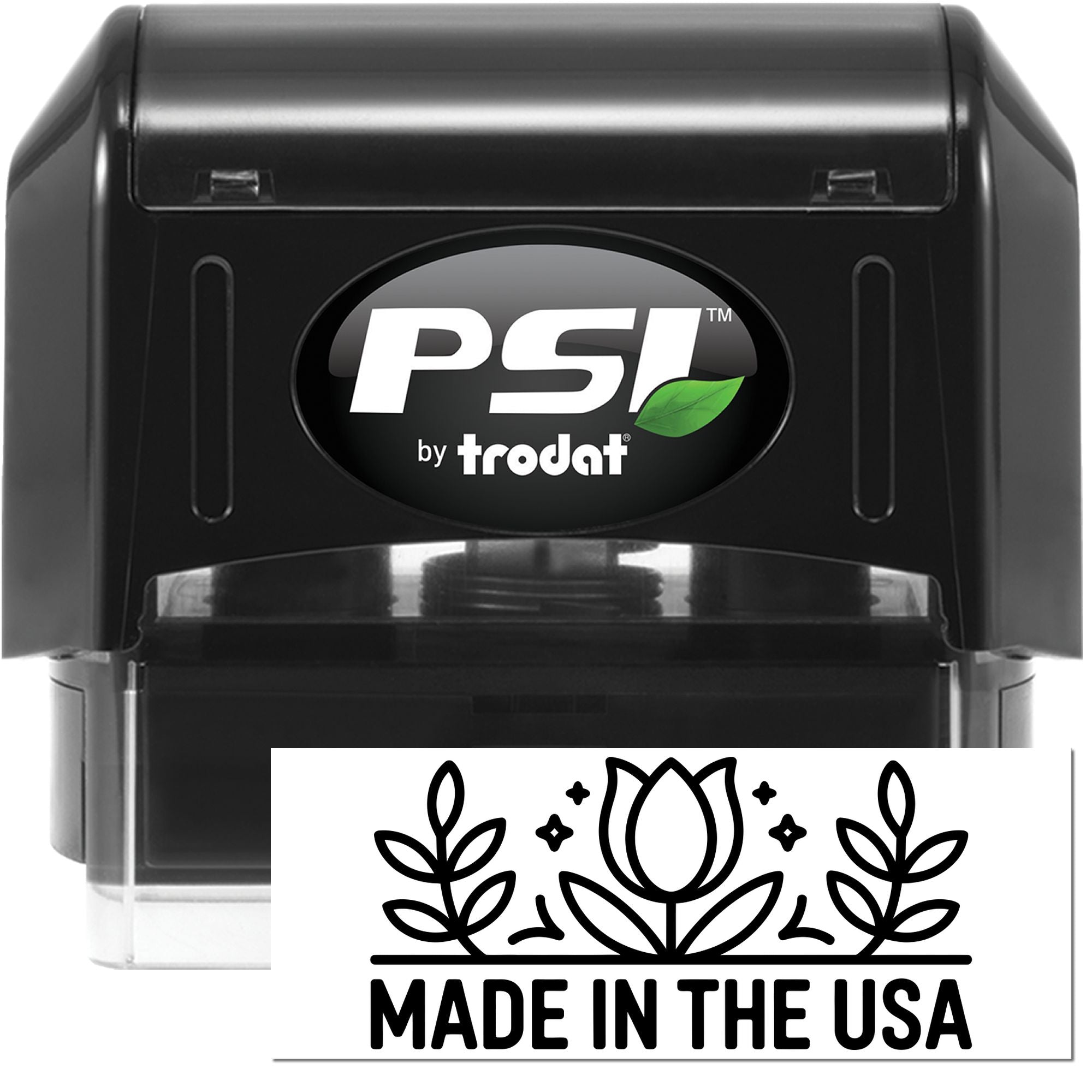 Black PSI by Trodat self-inking stamp and seal, black with clear Made in the USA floral design.