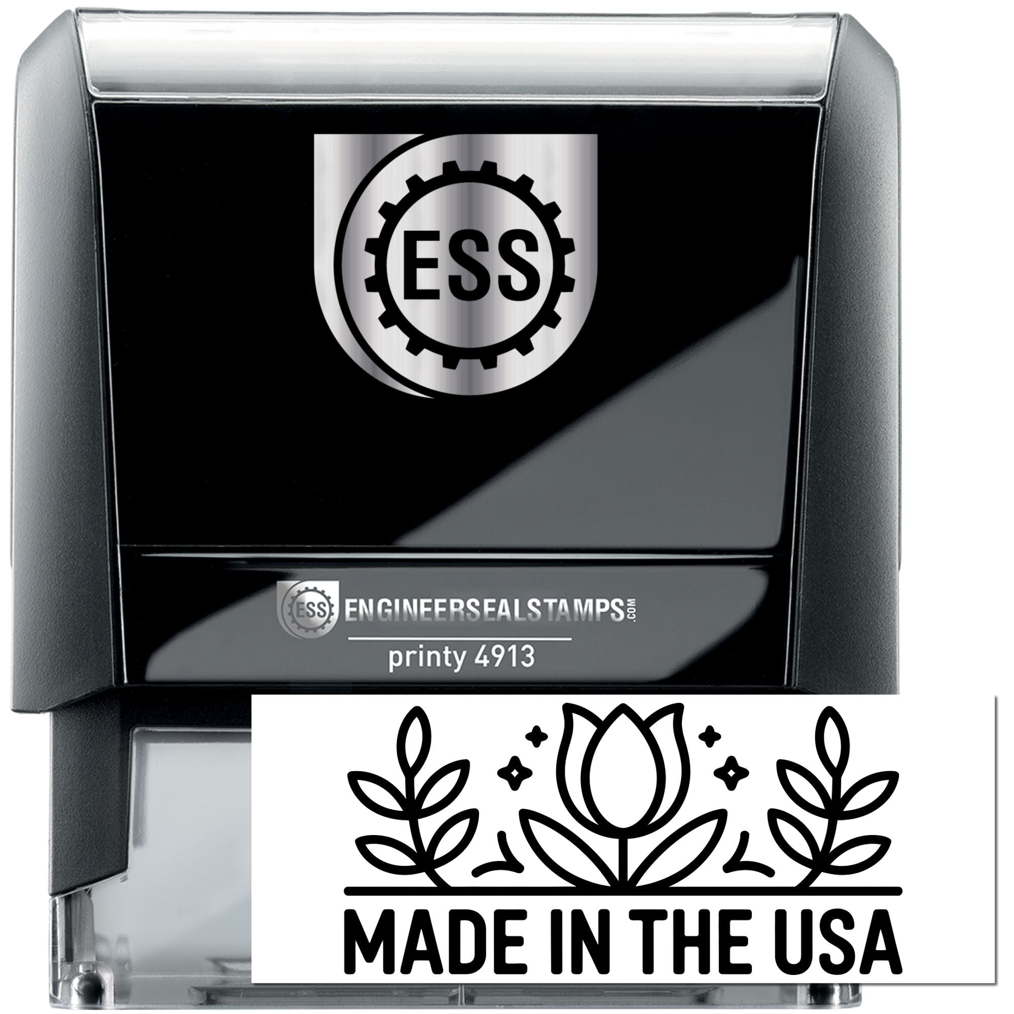 Black self-inking ESS stamp with silver trim and white floral "Made in the USA" seal