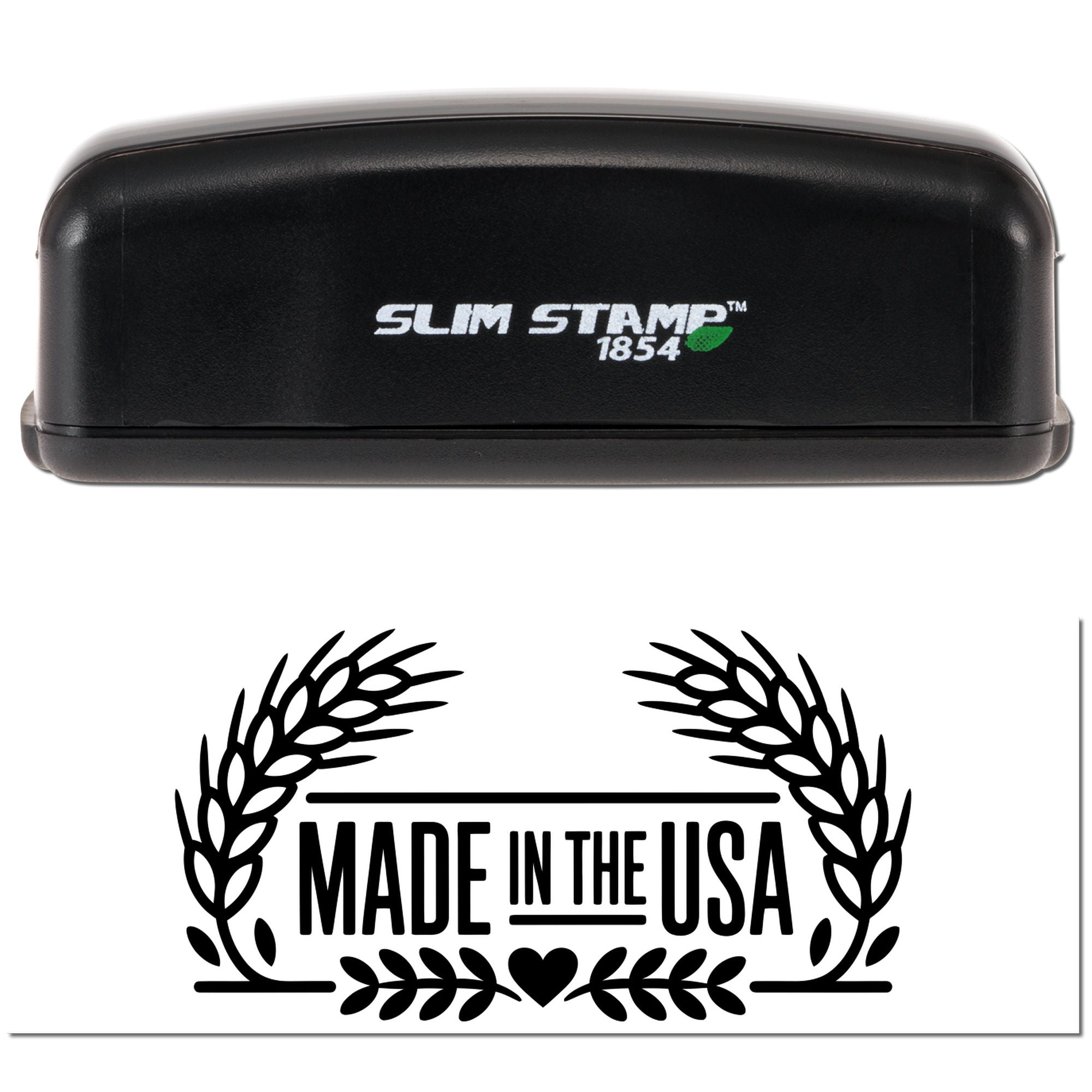 Black Slim Stamp 1854 stamp with green leaf logo above a bold black Made in the USA seal with wheat wreath and heart