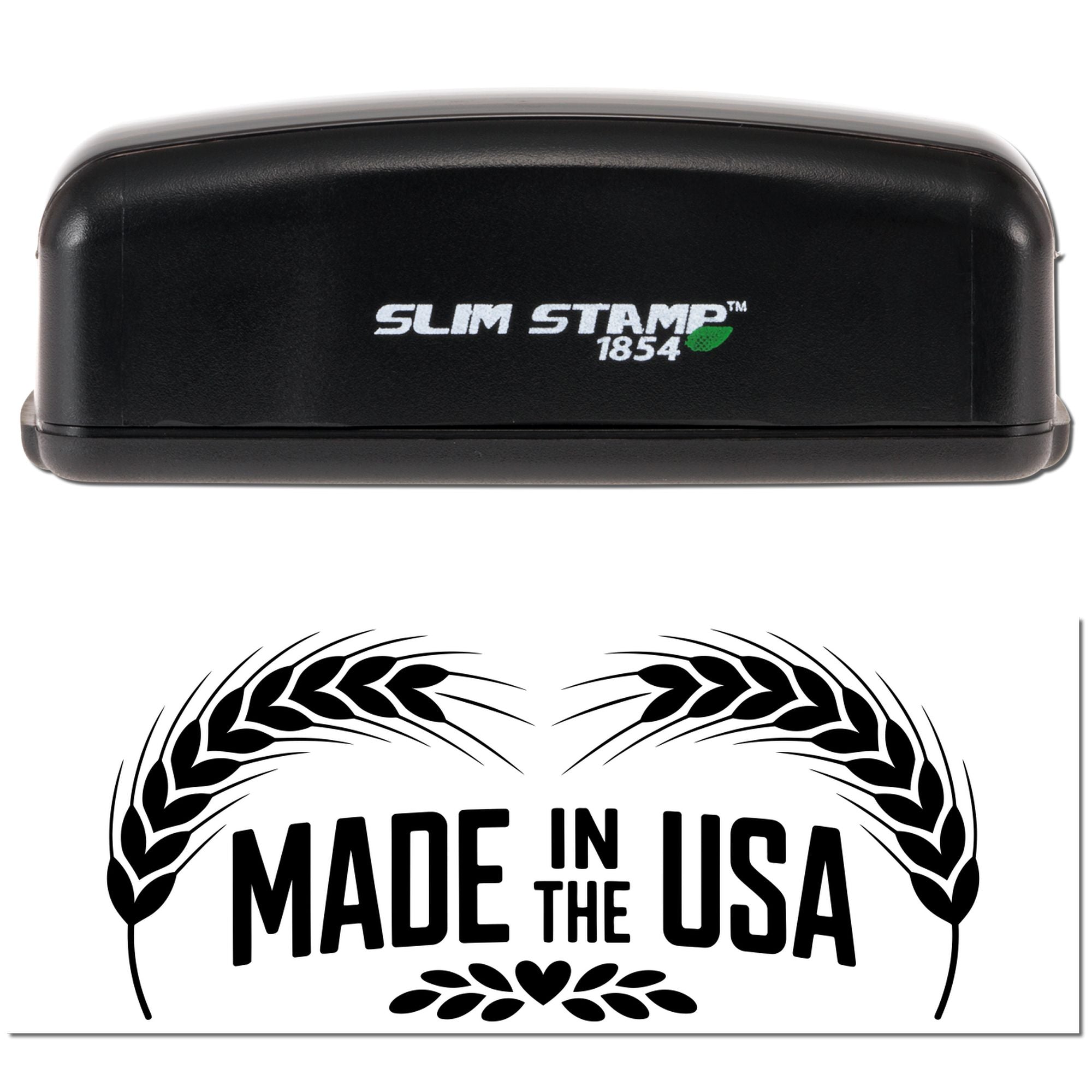 Black Slim Stamp 1854 stamp and seal with Made in USA laurel design in black and white.
