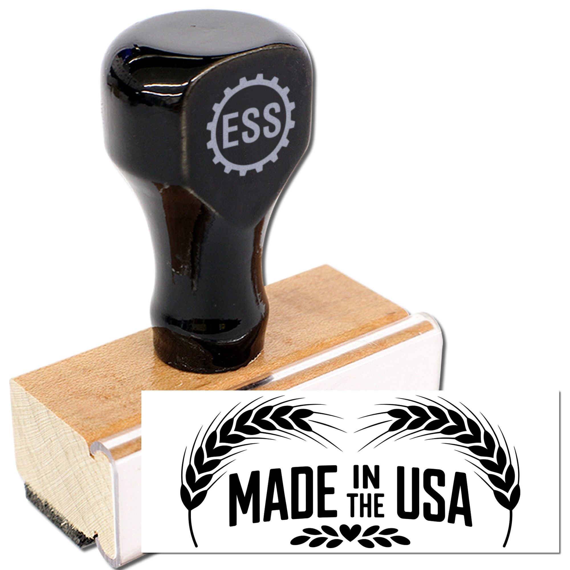 Black ESS stamp and wooden seal block with Made in the USA imprint