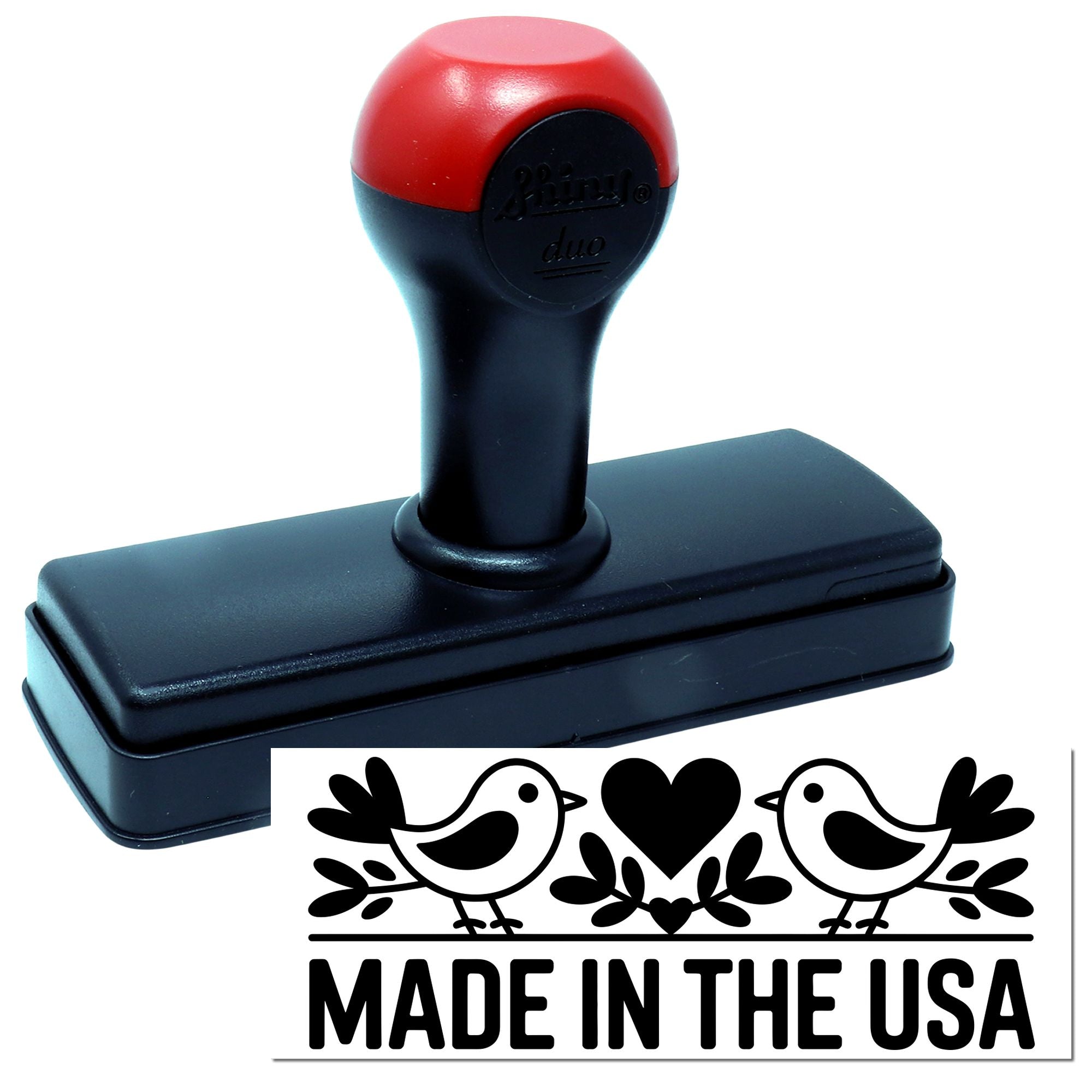 Red and black self-inking stamp with black base and Made in the USA seal design with birds and heart.
