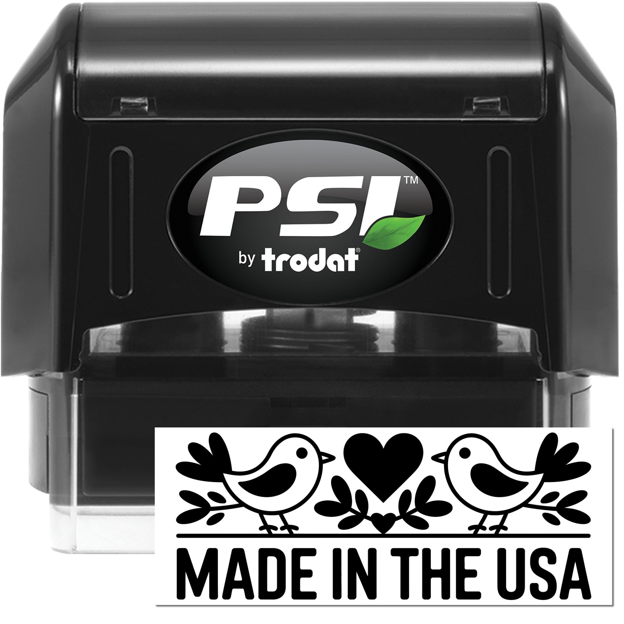 Black PSI by Trodat self-inking stamp and seal with green leaf logo and Made in the USA bird-and-heart design.
