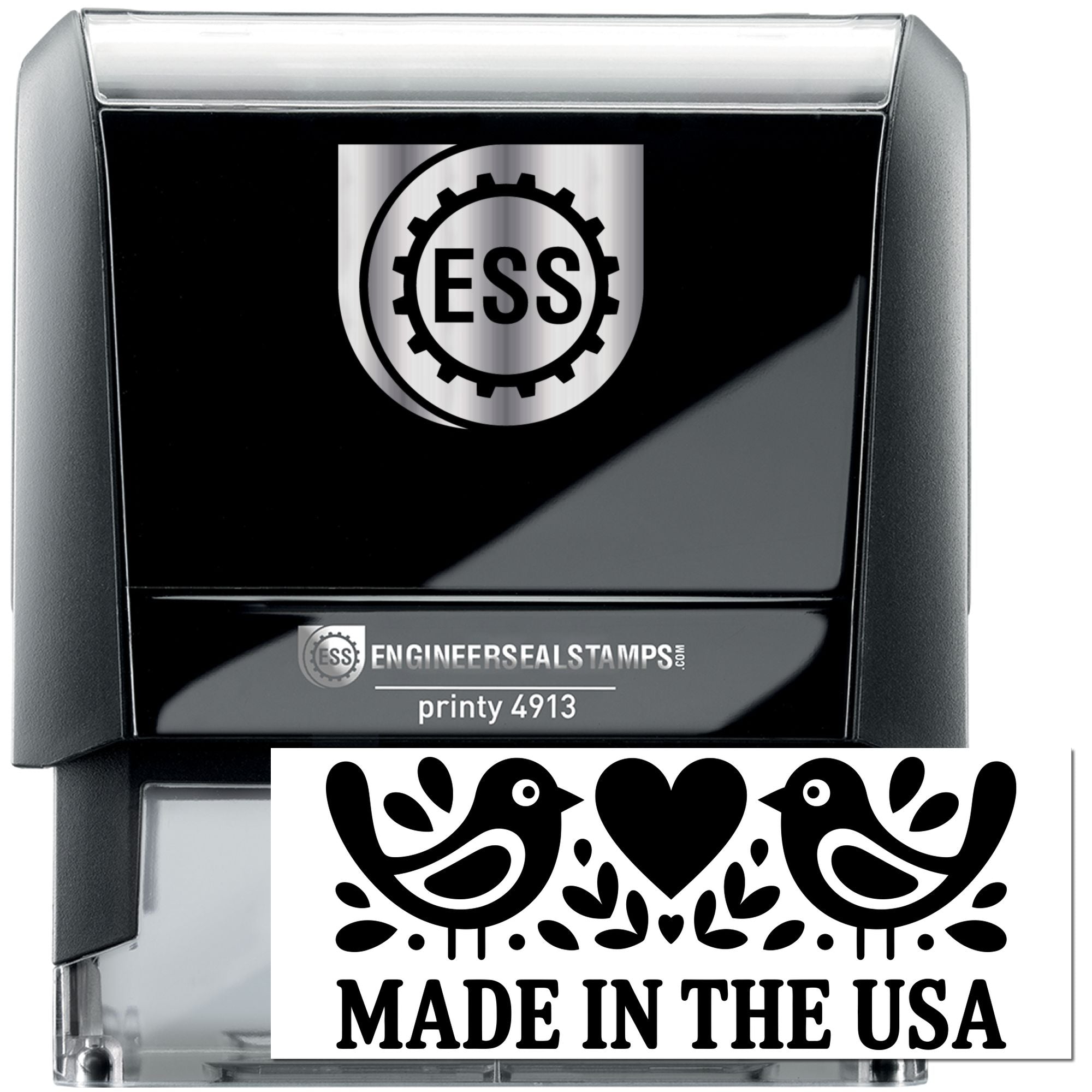 Black self-inking ESS stamp and seal with silver top, featuring a Made in the USA design, birds, heart, and printy 4913.