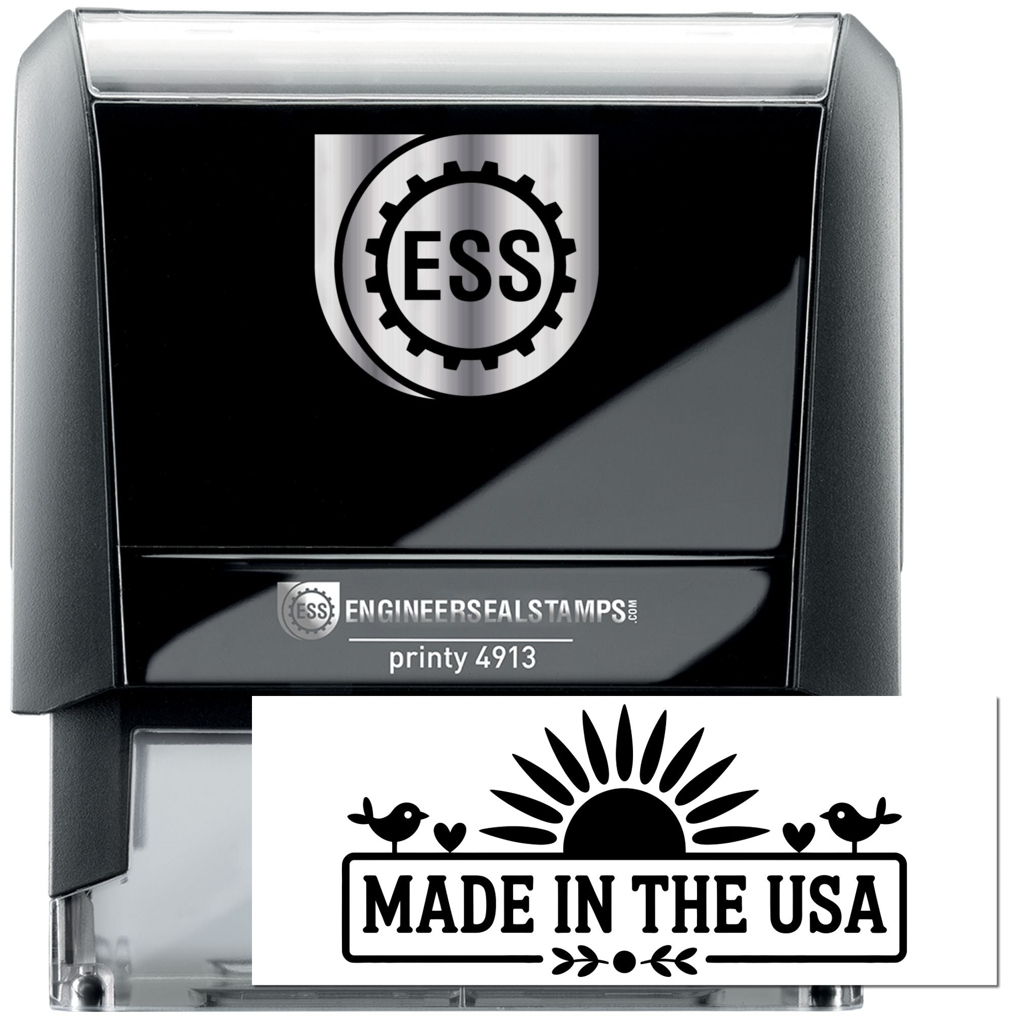 Black and silver self-inking stamp and seal with ESS logo and white Made in the USA imprint.