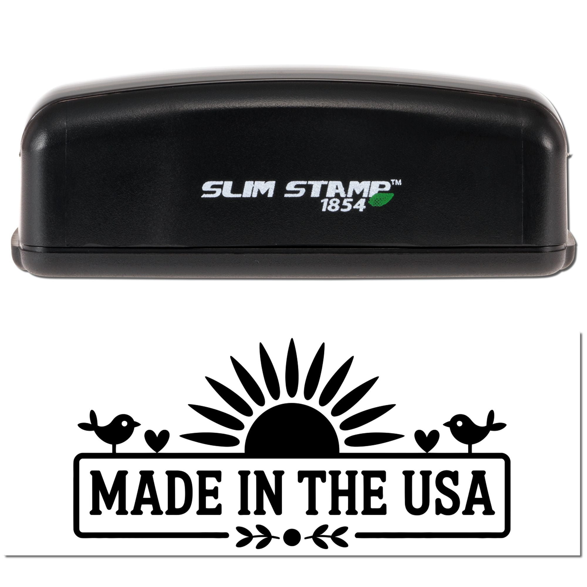 Black Slim Stamp 1854 self-inking stamp above a Made in the USA seal with sunburst, birds, and hearts.