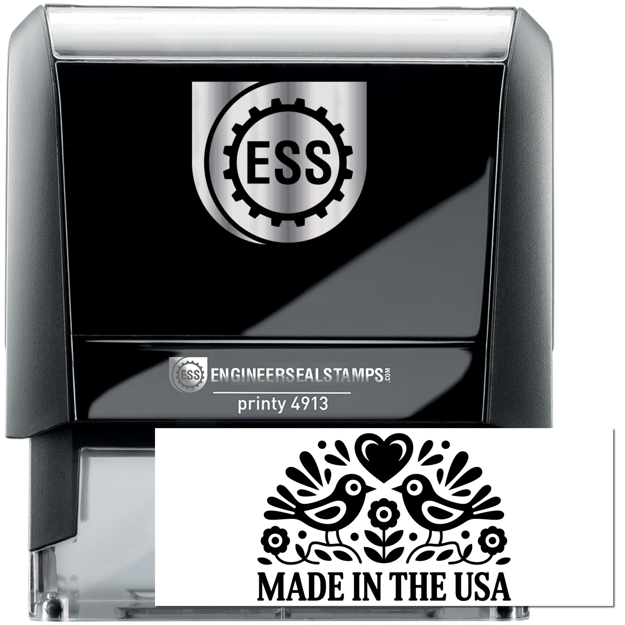 Black self-inking stamp and seal products in black, silver, and white with ESS logo, printy 4913, and Made in the USA emblem.