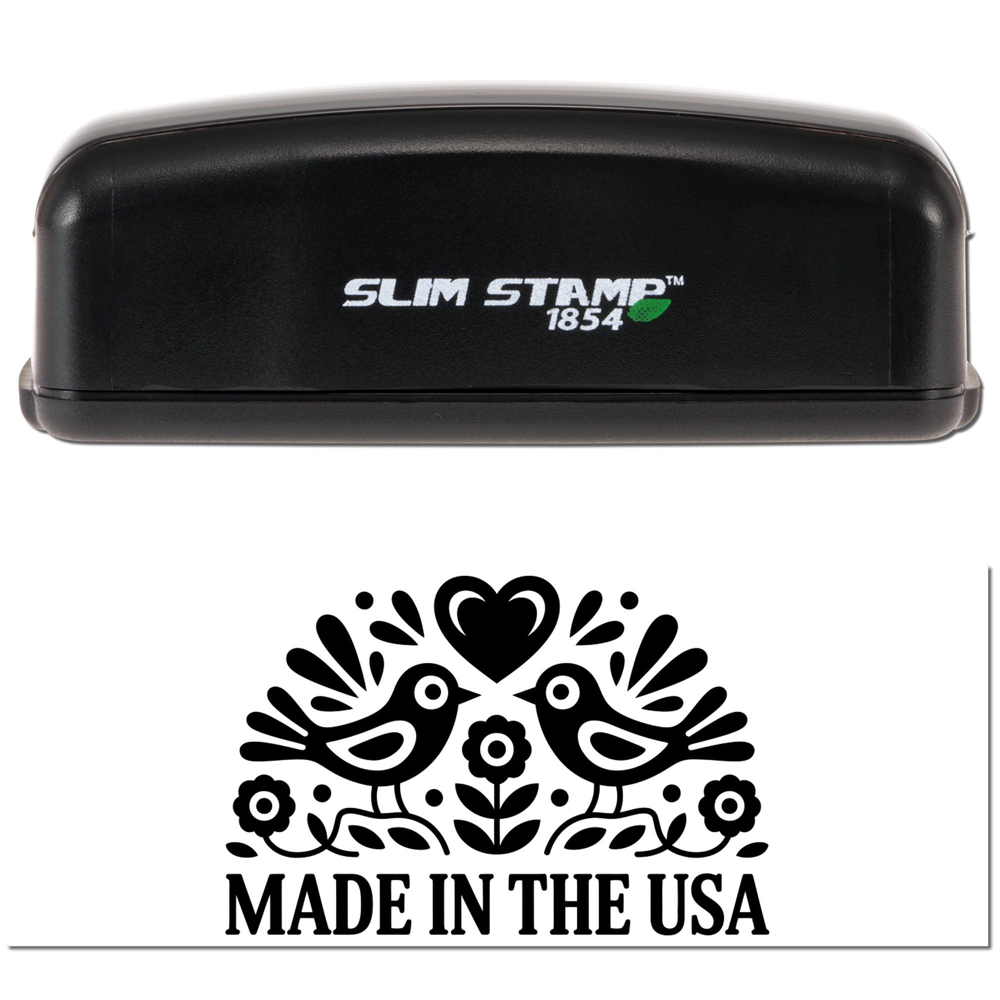 Black Slim Stamp 1854 stamp and seal with white logo, black bird design, and Made in the USA text on a white background.