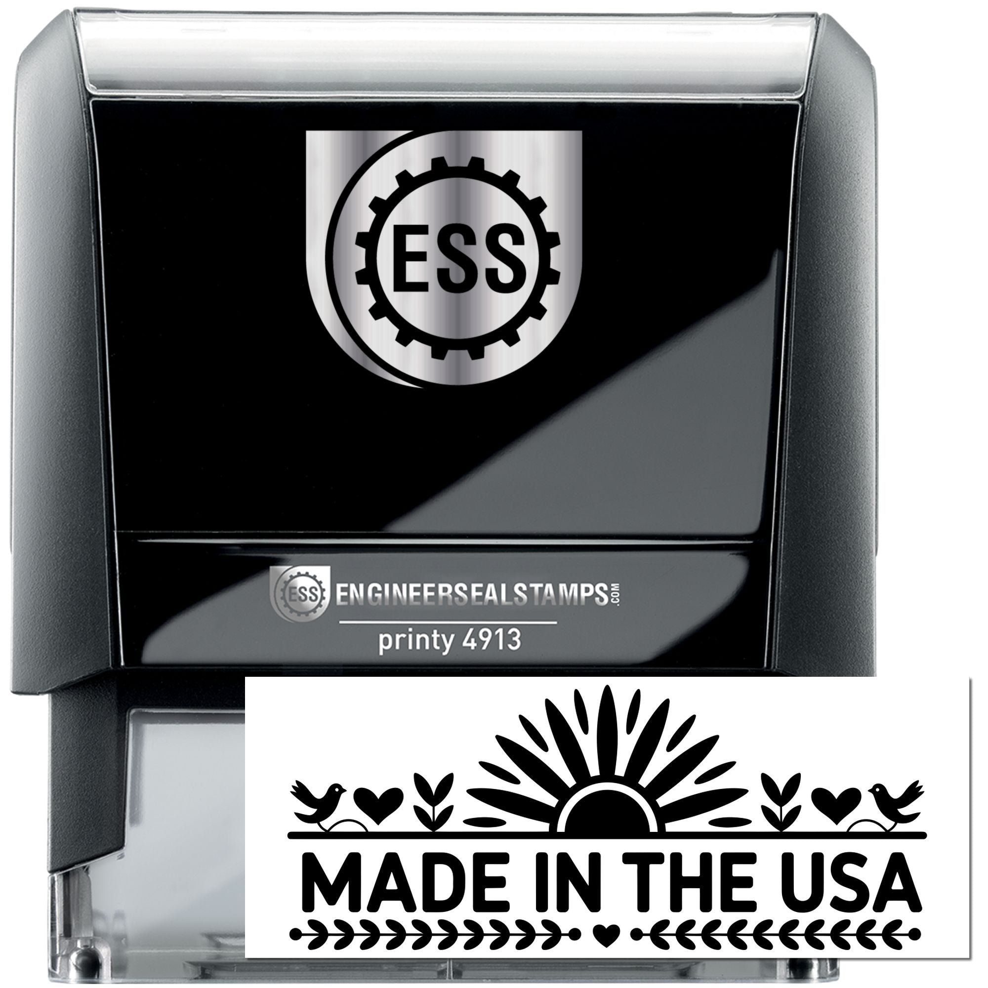 Black and silver self-inking stamp and seal set featuring ESS logo and a Made in the USA design.