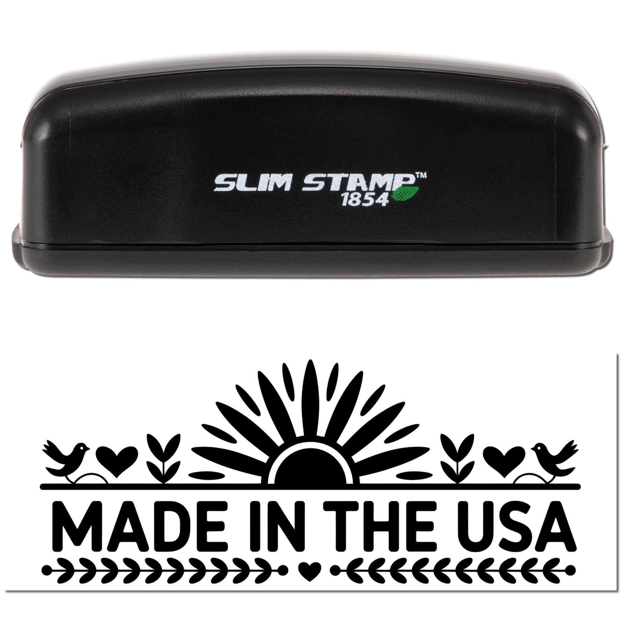 Black Slim Stamp 1854 self-inking seal with white logo and green leaf icon over a black Made in the USA stamp design.