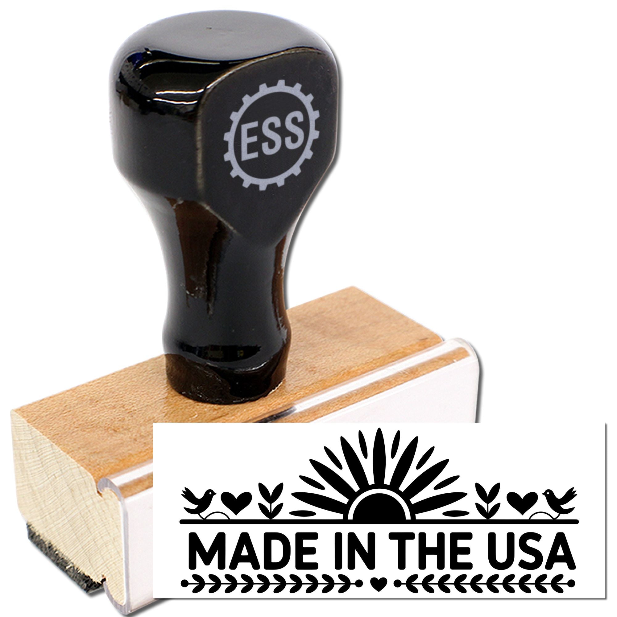 Black stamp and seal set on wooden block with white Made in the USA design.