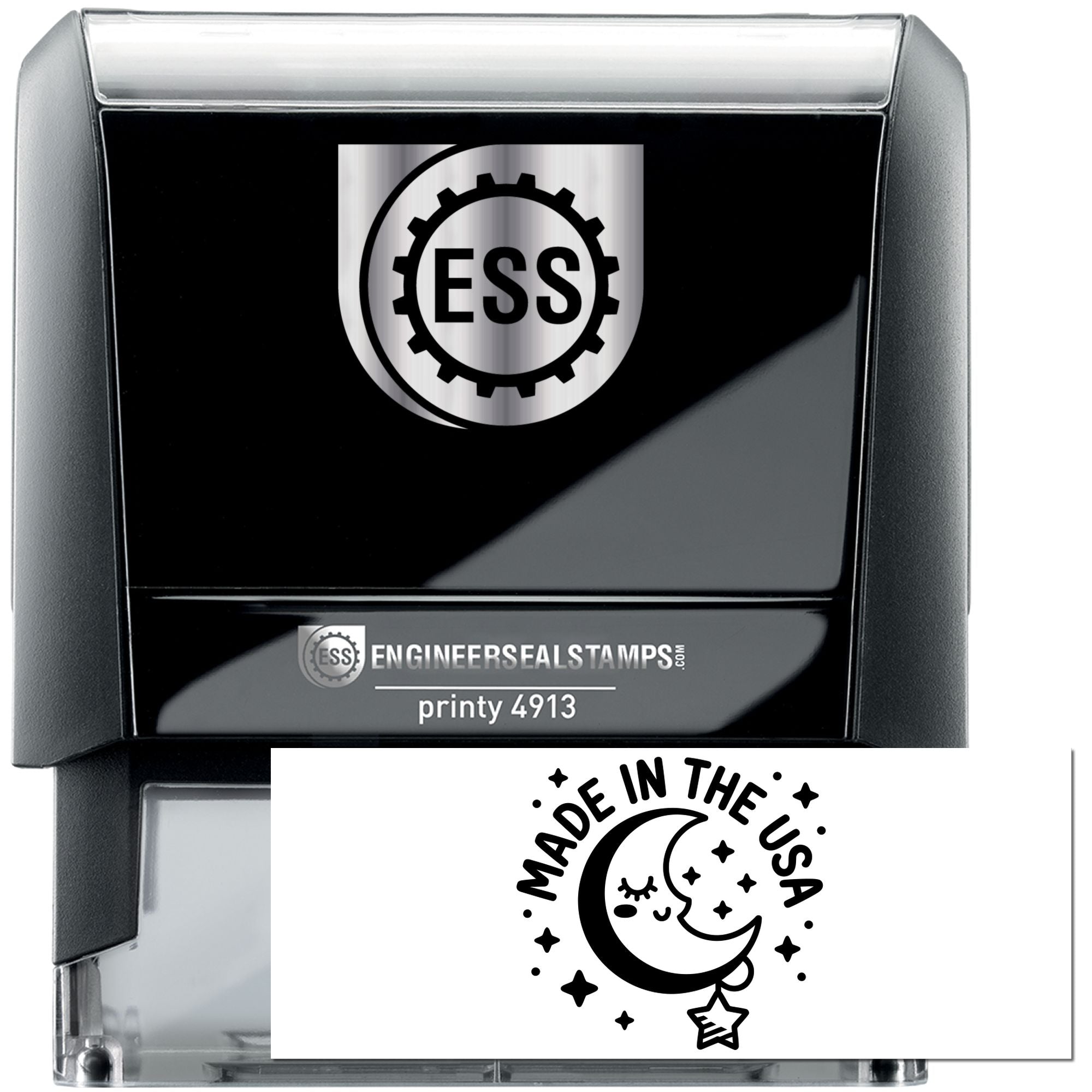 Black self-inking stamp and seal with silver ESS logo, clear case, and Made in the USA moon-and-stars design.