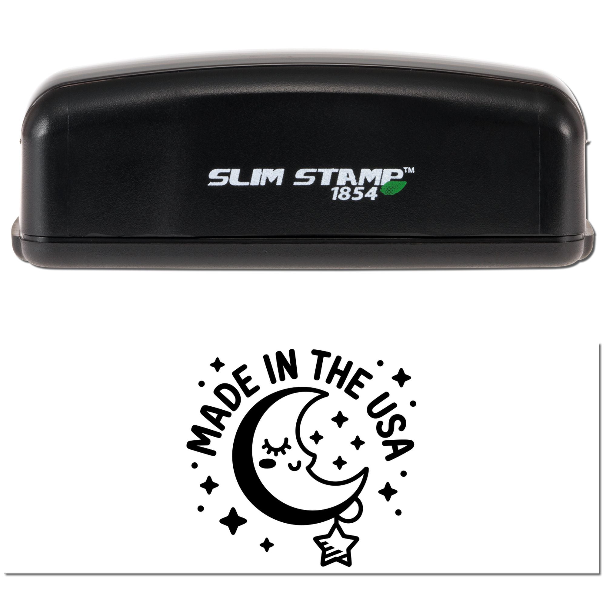 Black Slim Stamp 1854 self-inking stamp with green leaf logo above a black Made in the USA moon-and-stars seal.