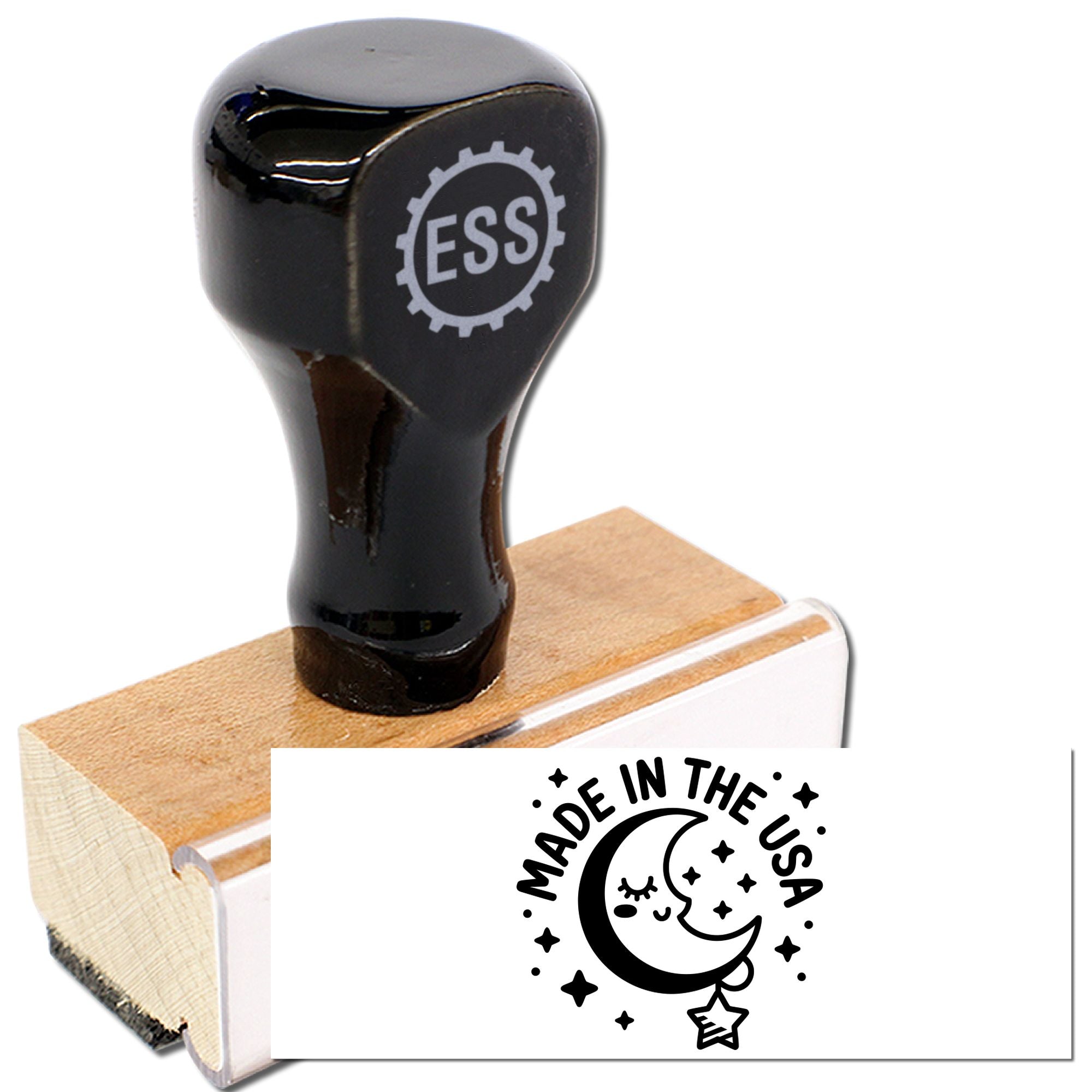 Black rubber stamp and wooden seal with ESS logo, featuring a Made in the USA moon-and-stars design.