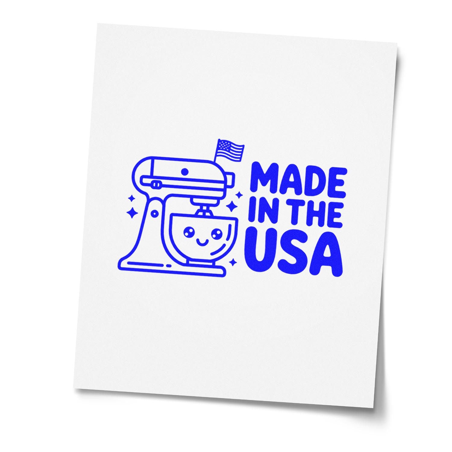 Blue Made in the USA stamp seal with a stand mixer and small American flag on a white background.