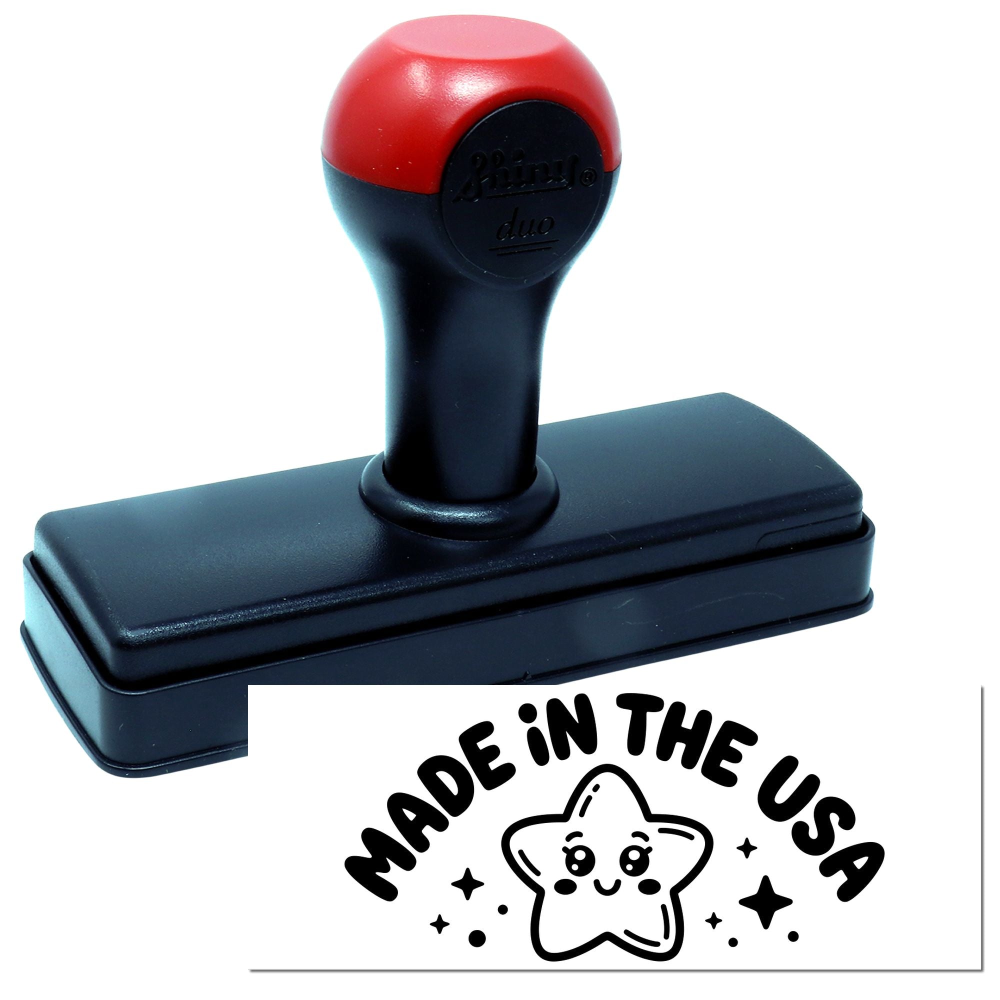 Red-and-black self-inking stamp with black base and Made in the USA seal design with star graphic.