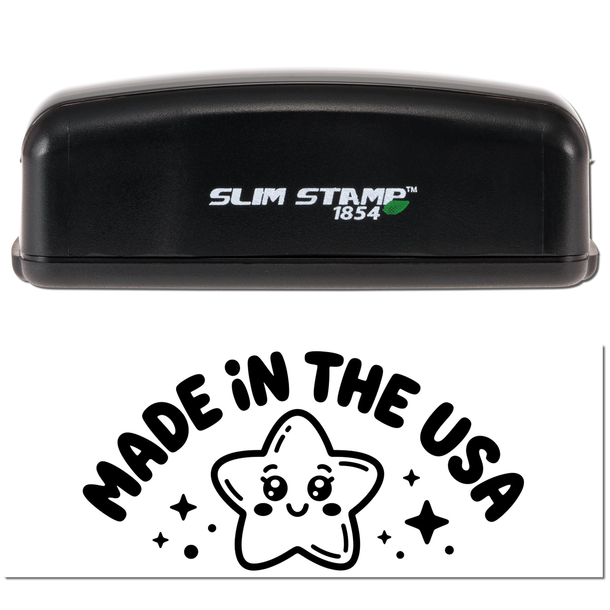Black Slim Stamp 1854 self-inking stamp with green leaf logo above a black-and-white Made in the USA star seal