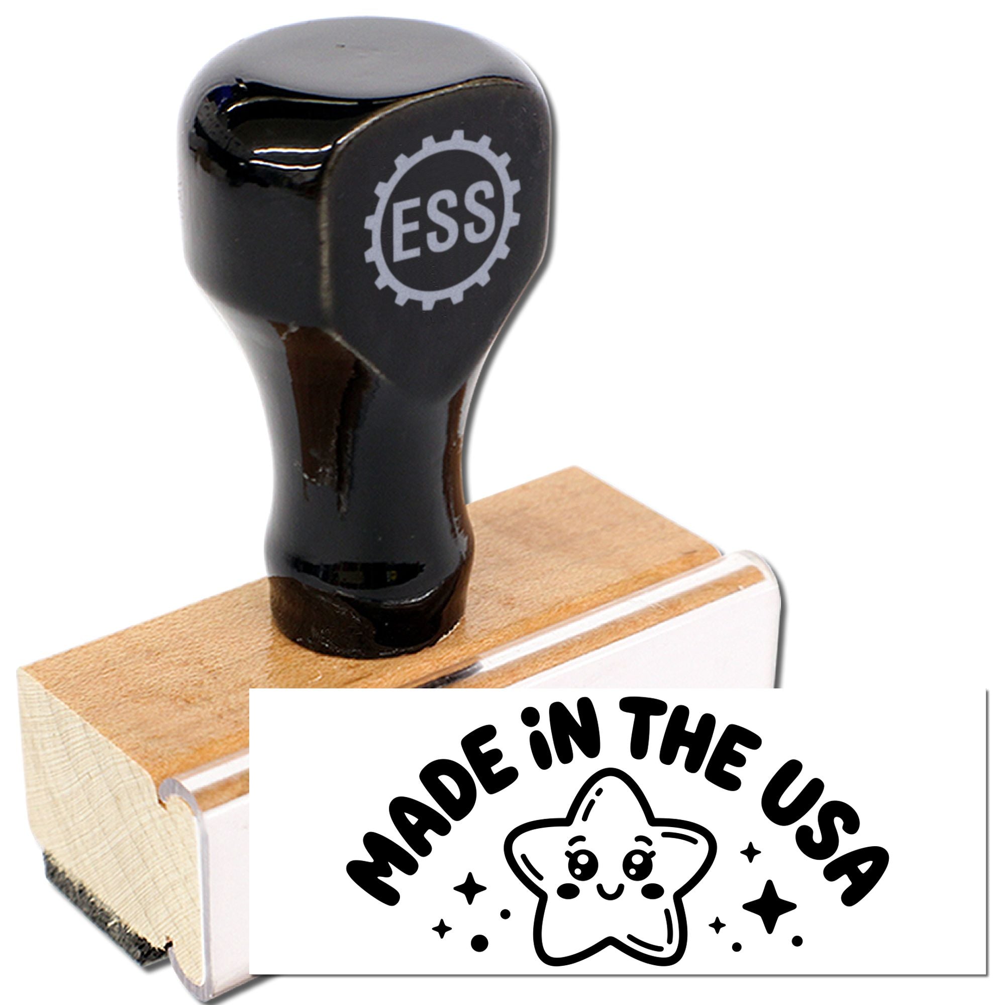 Black rubber stamp on wooden seal block with white Made in the USA star design, product branding shown on a white background.