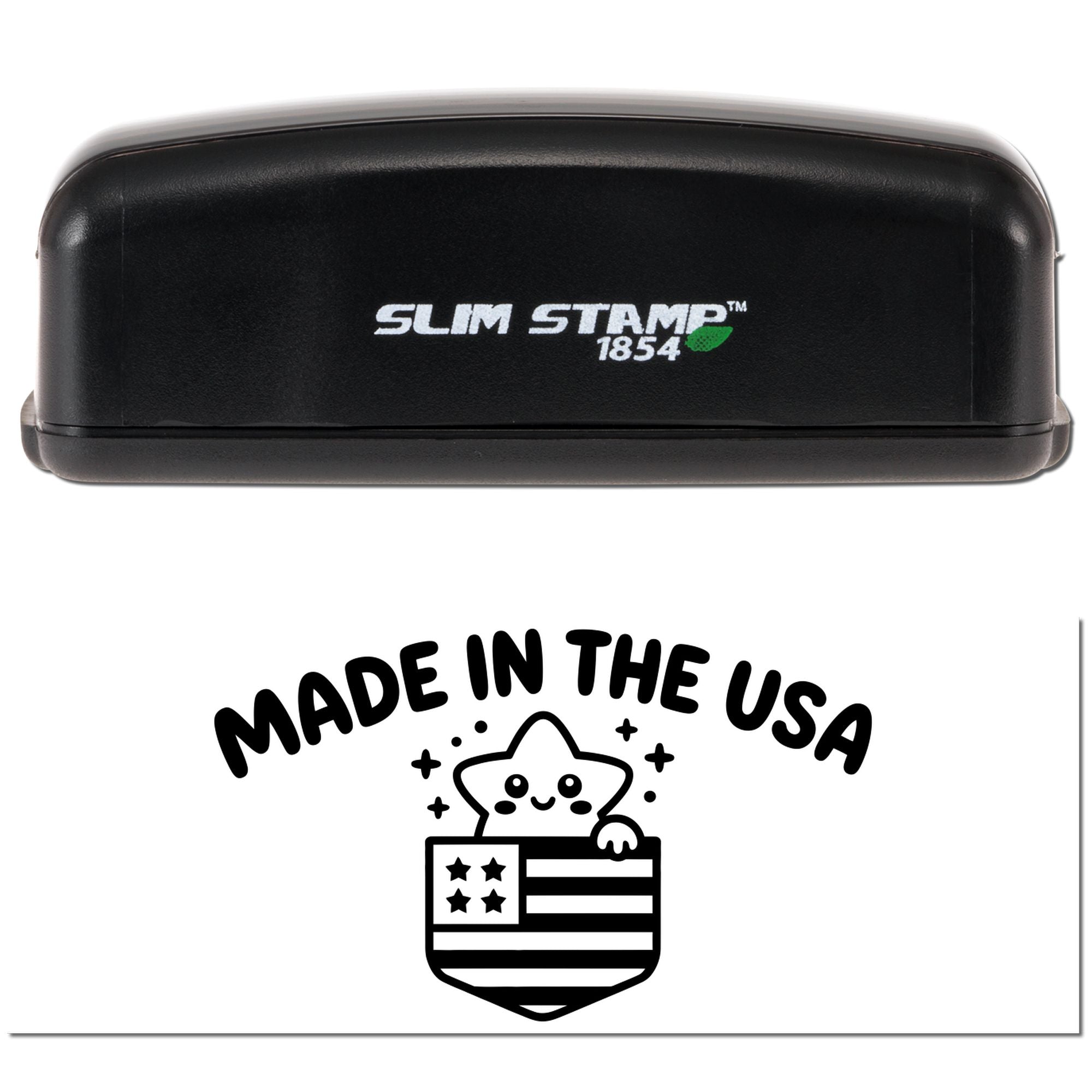 Black Slim Stamp 1854 stamp and seal set with green leaf logo, above a black-and-white Made in the USA seal with stars.