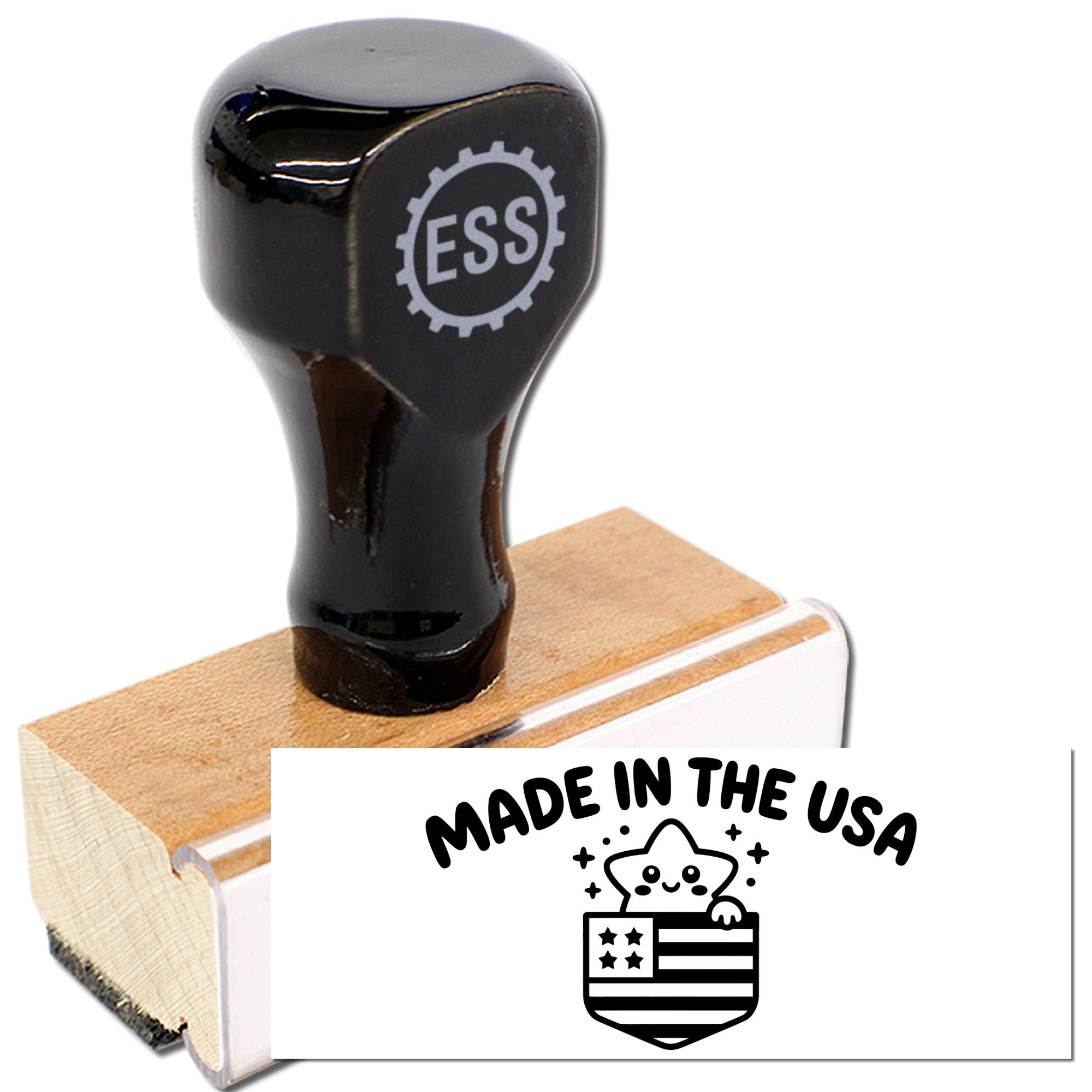 Black ESS rubber stamp on wooden base with white Made in the USA seal