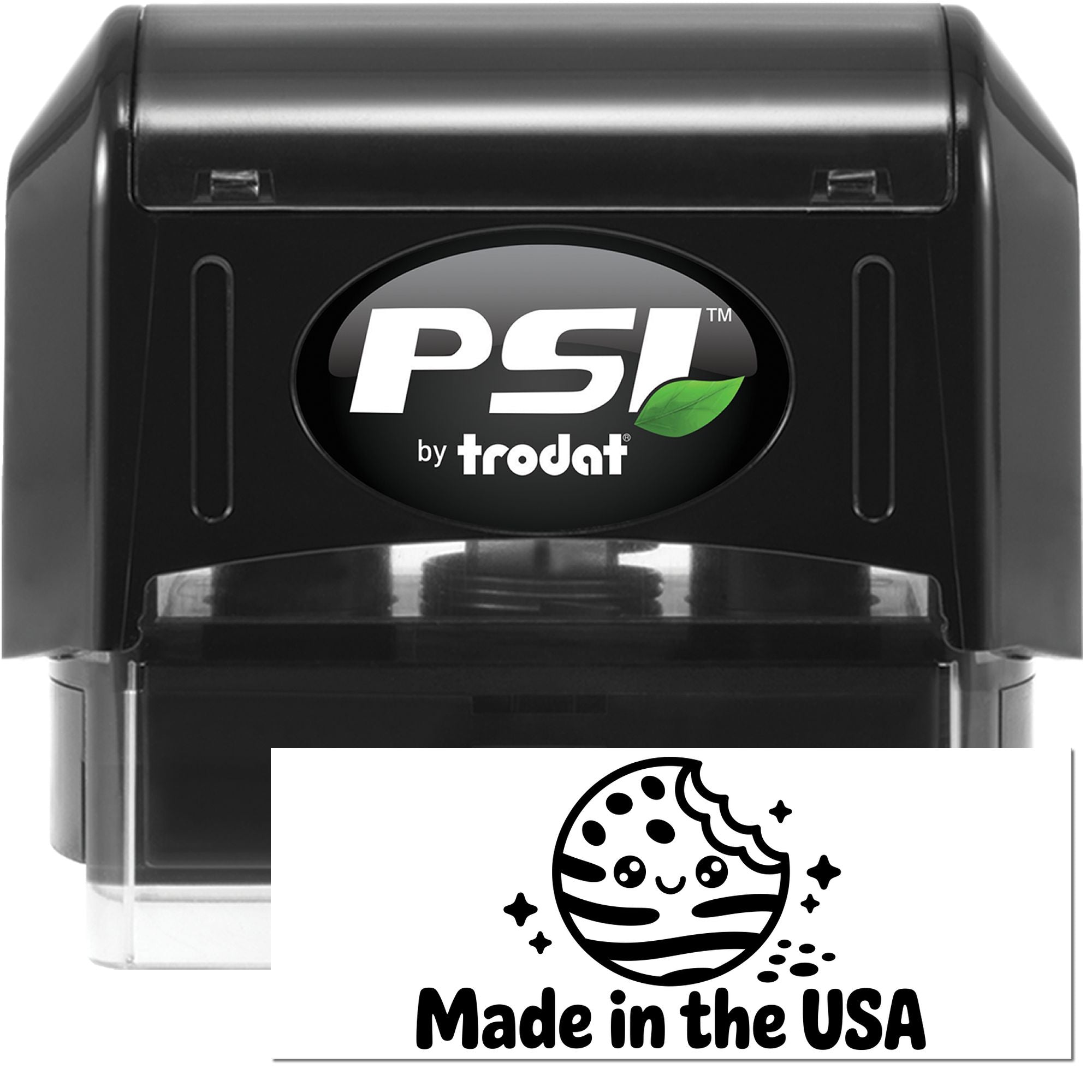 Black PSI by Trodat self-inking stamp and seal, with green leaf logo and Made in the USA emblem.