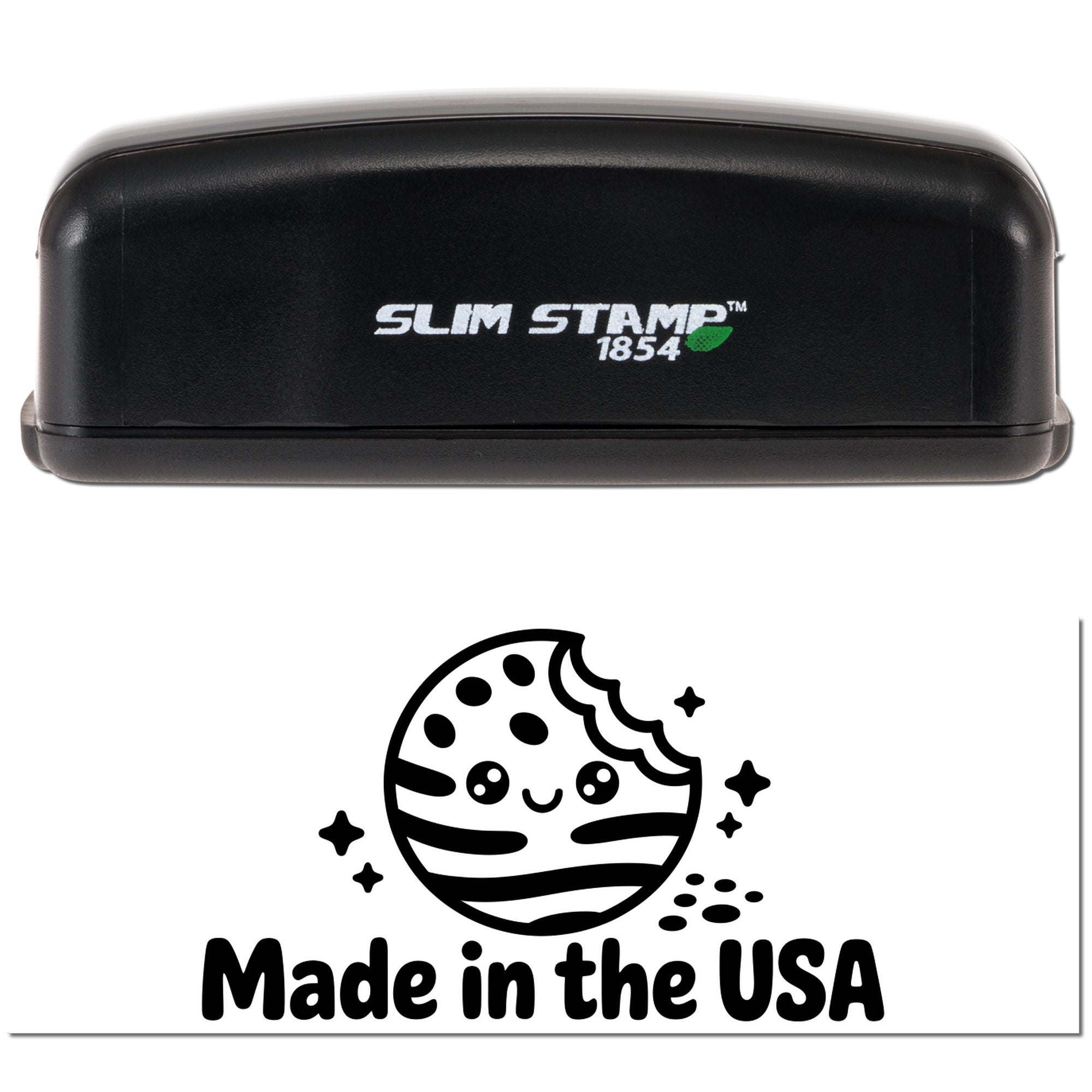 Black Slim Stamp 1854 self-inking stamp with Made in the USA seal and cute planet logo