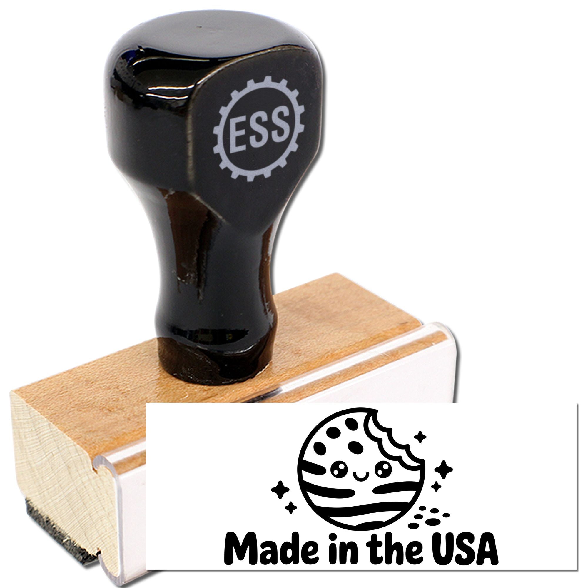 Black rubber stamp with ESS logo on wooden base beside a white seal reading Made in the USA.