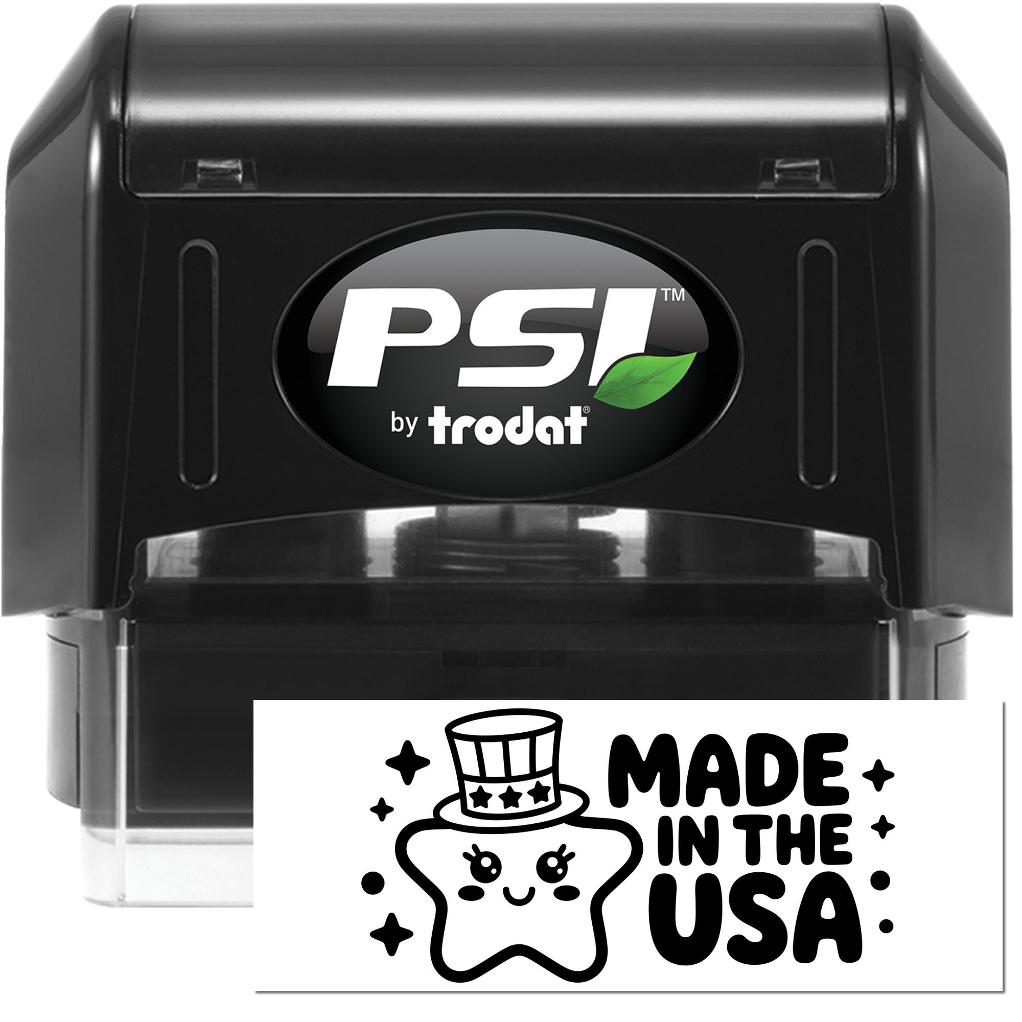 Black PSI by Trodat self-inking stamp and seal with green leaf logo, plus white Made in the USA seal.