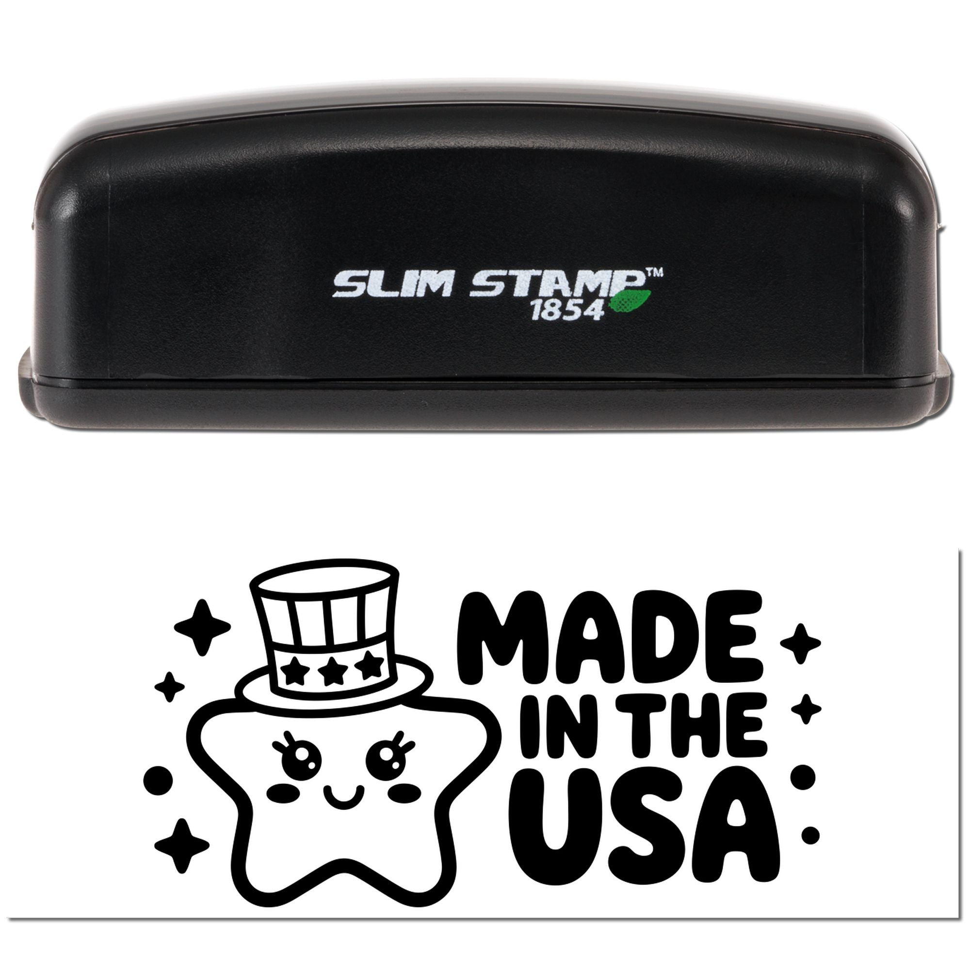 Black Slim Stamp 1854 seal stamp with white logo and a made-in-the-USA design featuring a star character.