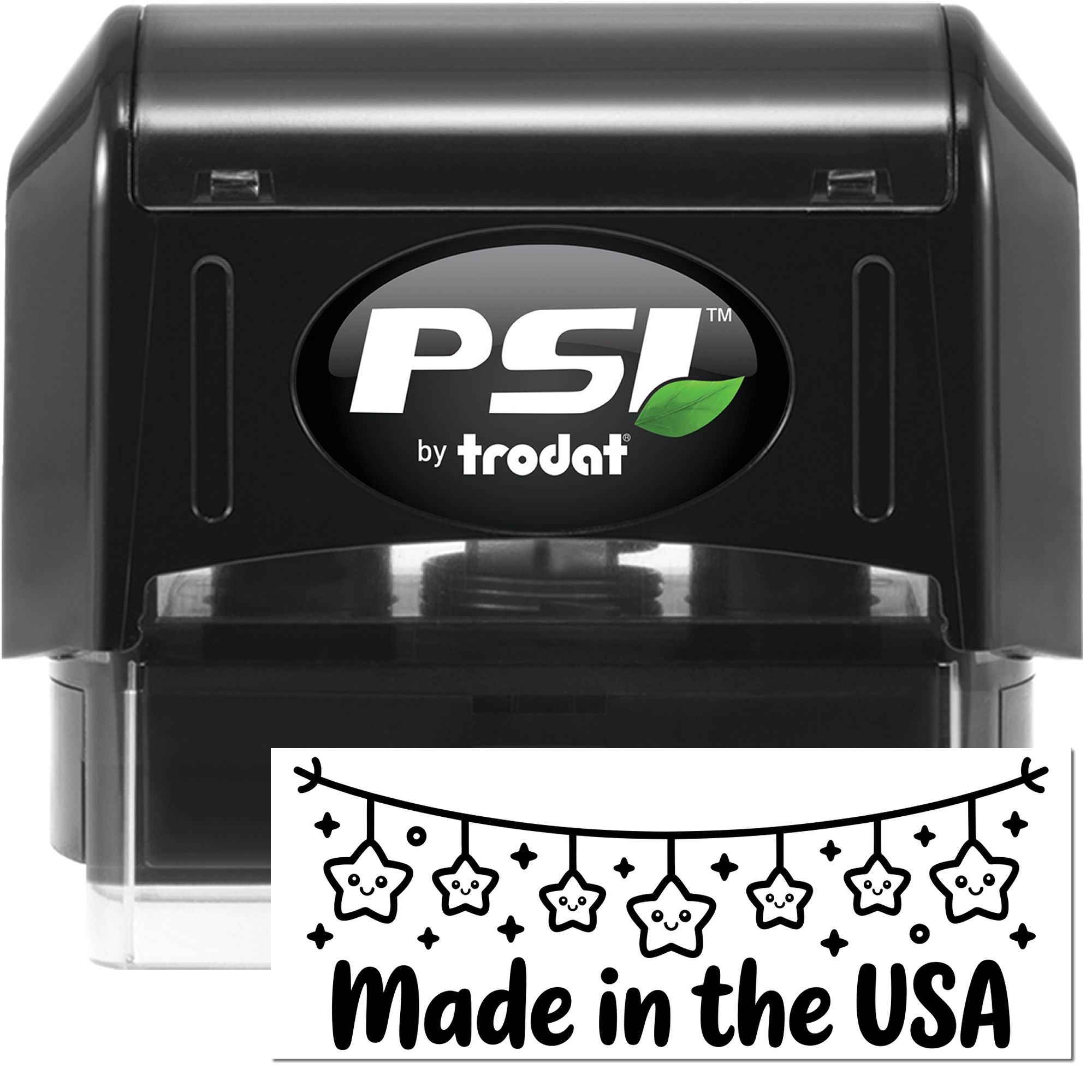Black PSI by Trodat self-inking stamp and seal in black with green leaf logo and a Made in the USA mark.
