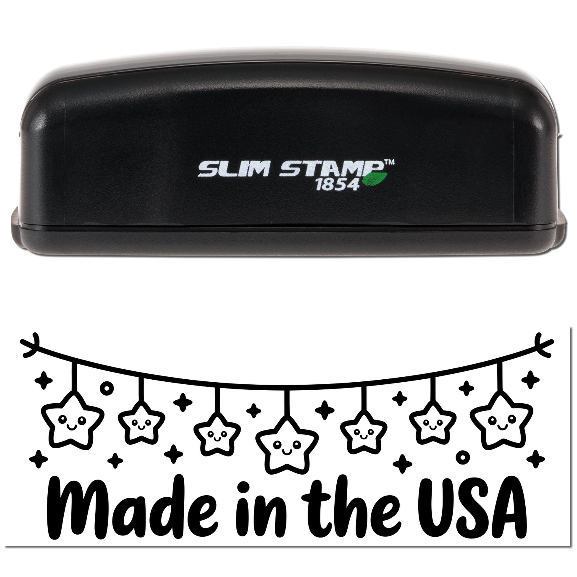 Black Slim Stamp 1854 self-inking stamp and seal, black casing, smiling star garland, Made in the USA