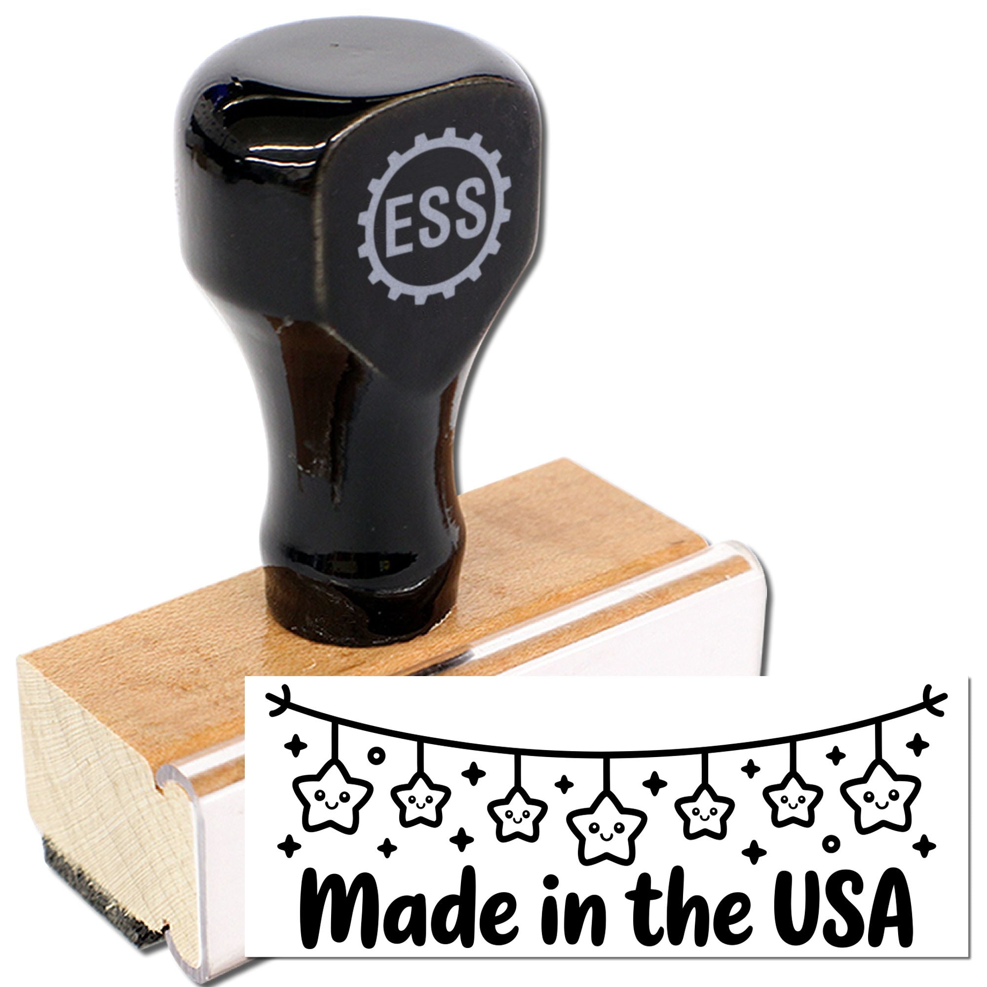 Black ESS self-inking stamp with wooden base and Made in the USA seal graphic