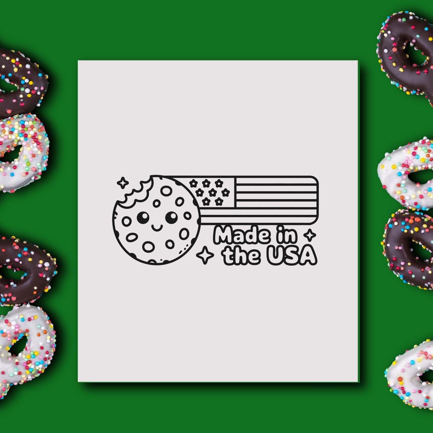 Black-and-white Made in the USA stamp seal with cookie graphic and American flag, framed by colorful sprinkled donuts.