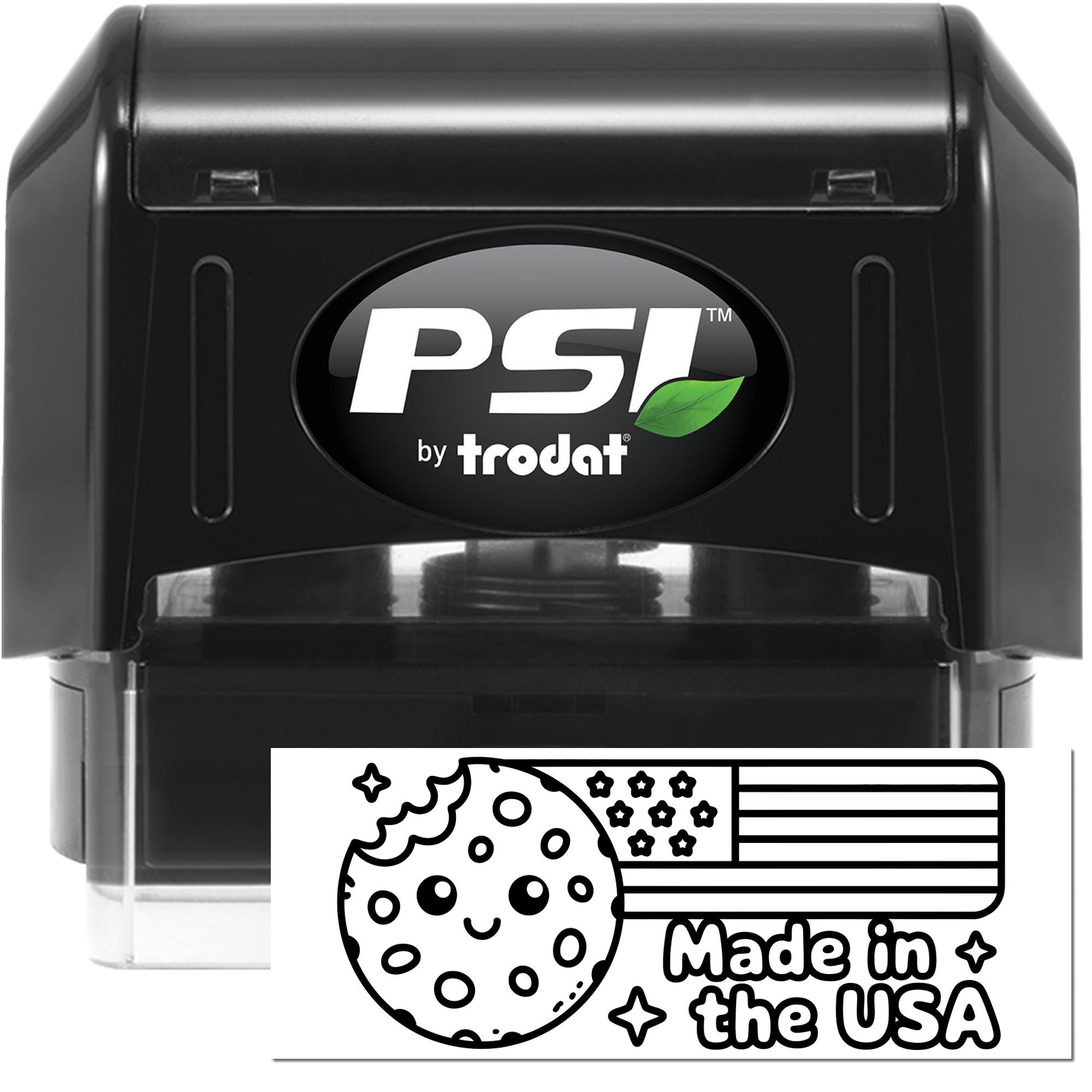 Black PSI by Trodat black self-inking stamp with green leaf logo and Made in the USA seal impression