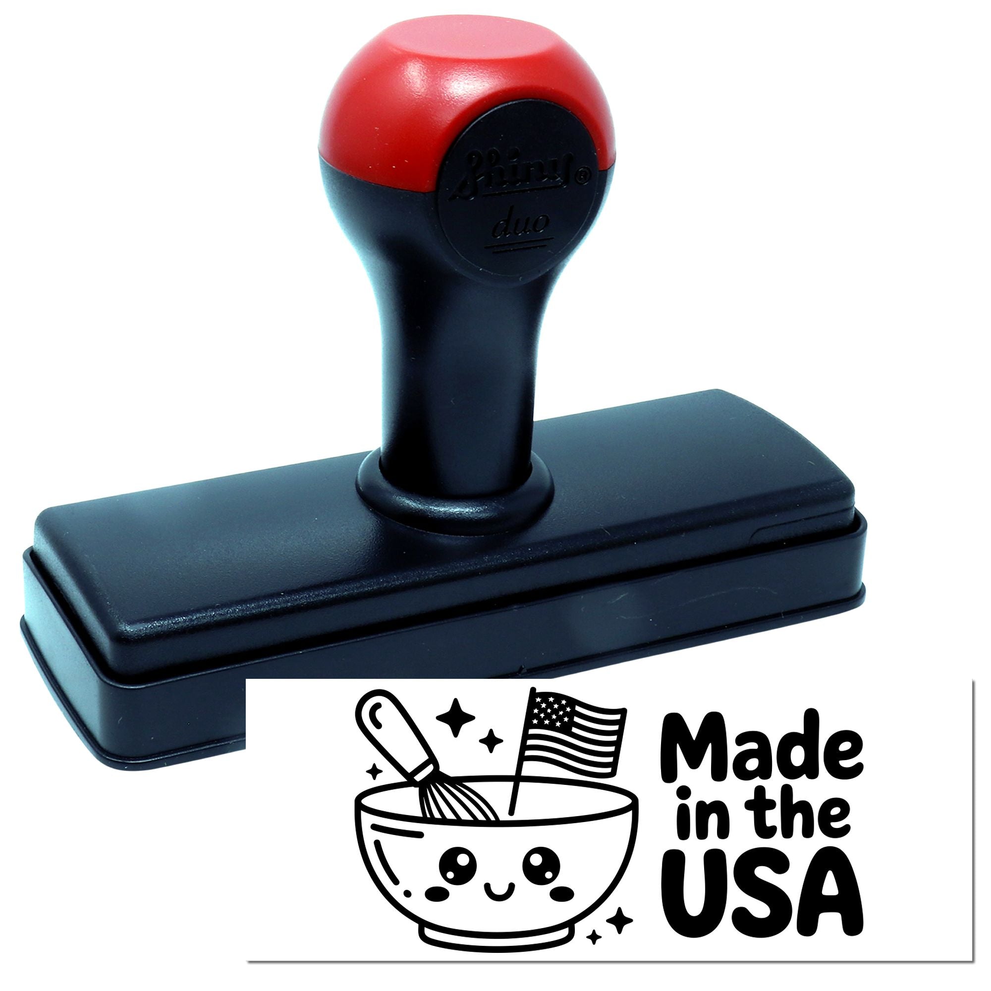 Red and black self-inking rubber stamp with matching seal base, plus Made in the USA emblem