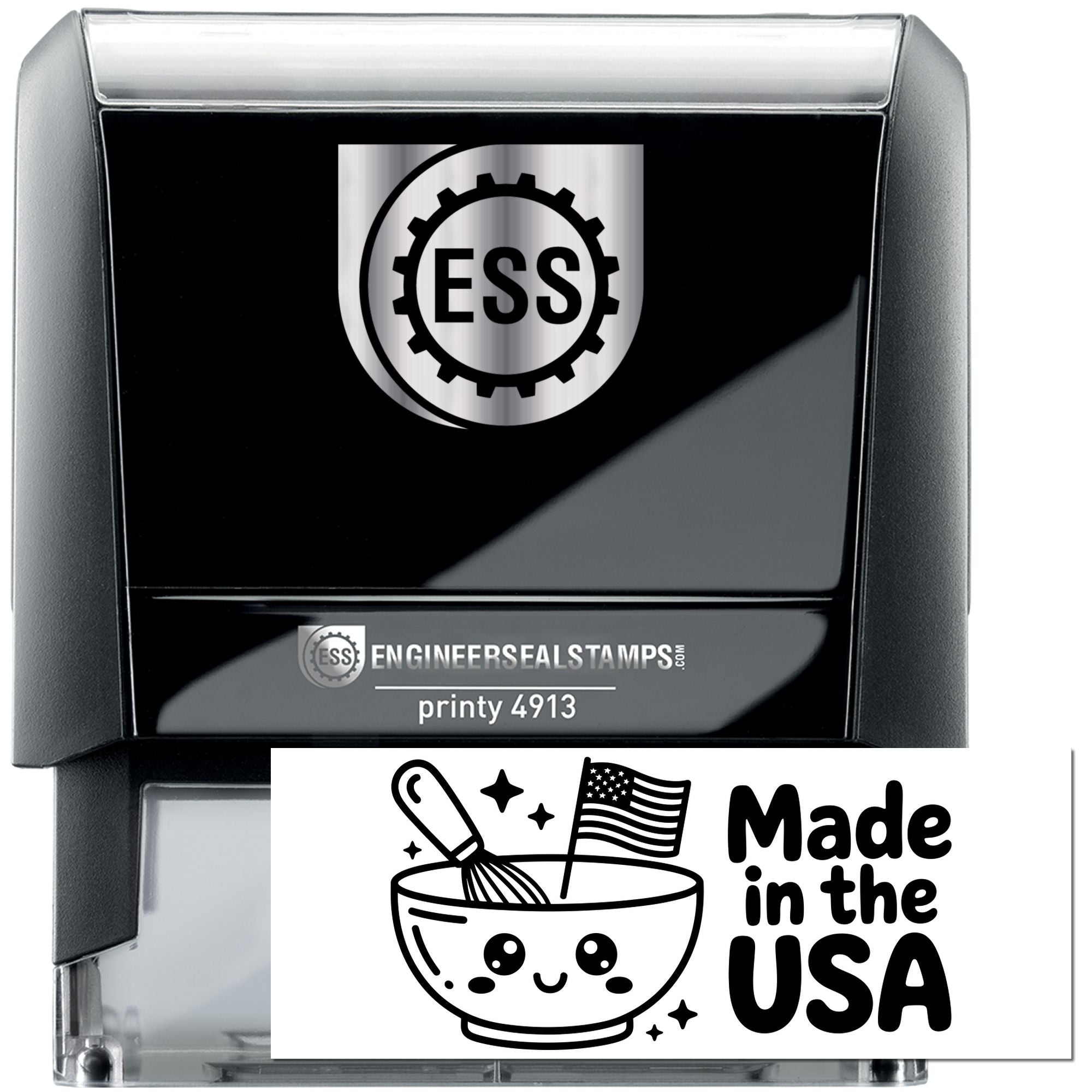 Black self-inking ESS stamp with silver top, showing a gray gear-style seal and Made in the USA imprint.